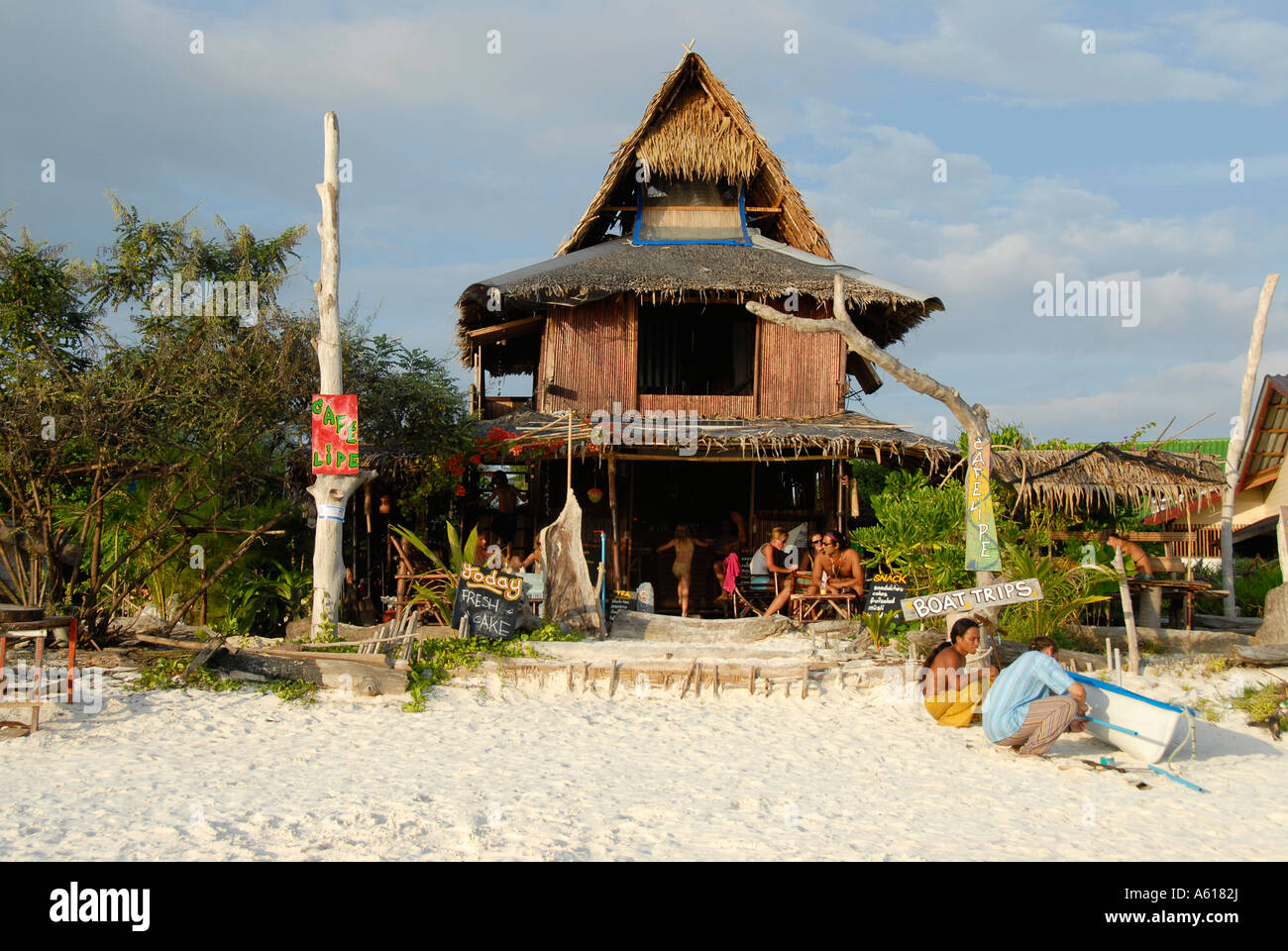 Cafe Lipe cool wooden house at sandy beach Koh Lipe Thailand Stock Photo