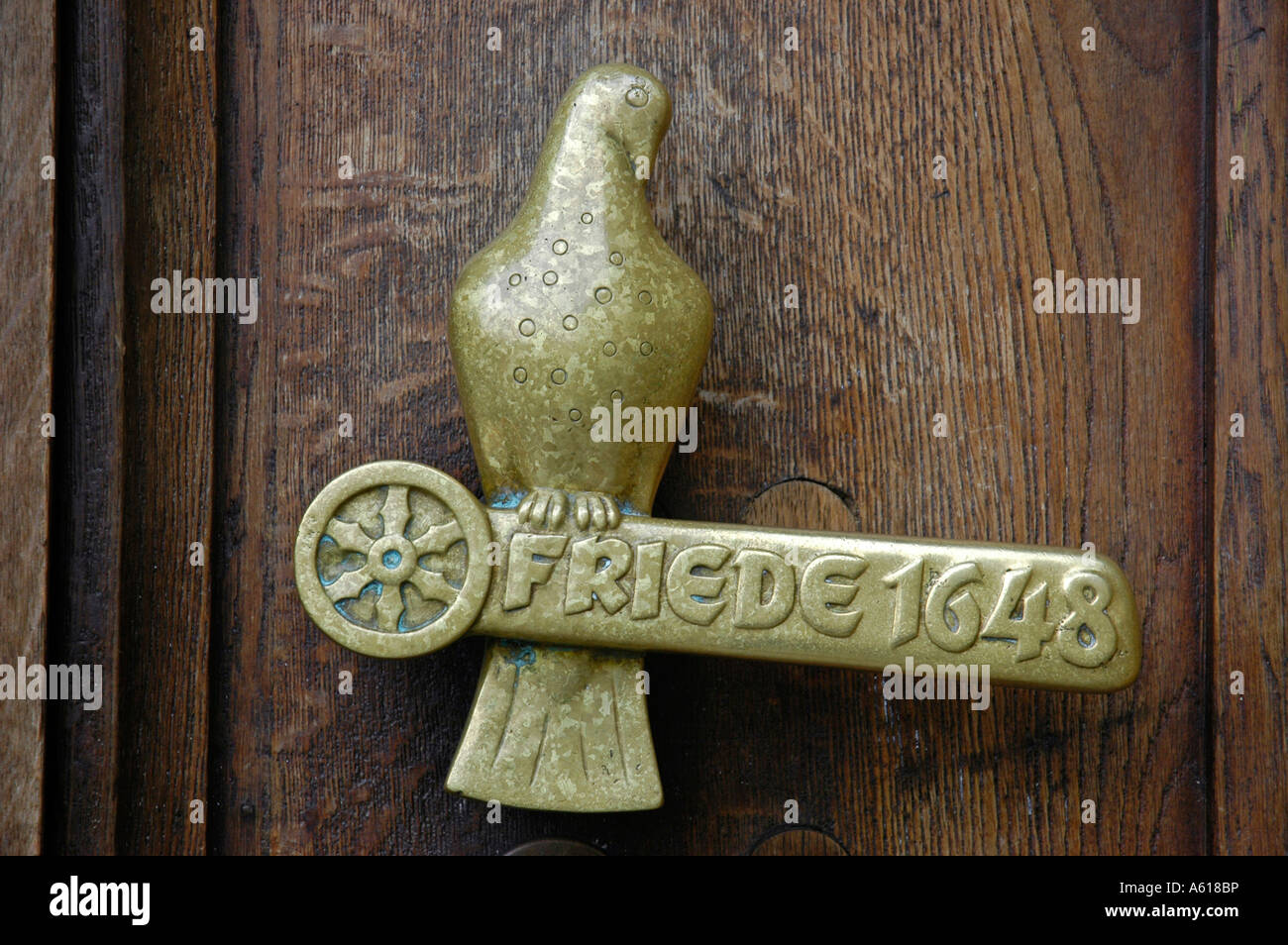 Door handle with the writing 'westphalian peace 1648', town hall, Osnabrueck, Lower Saxony, Germany Stock Photo
