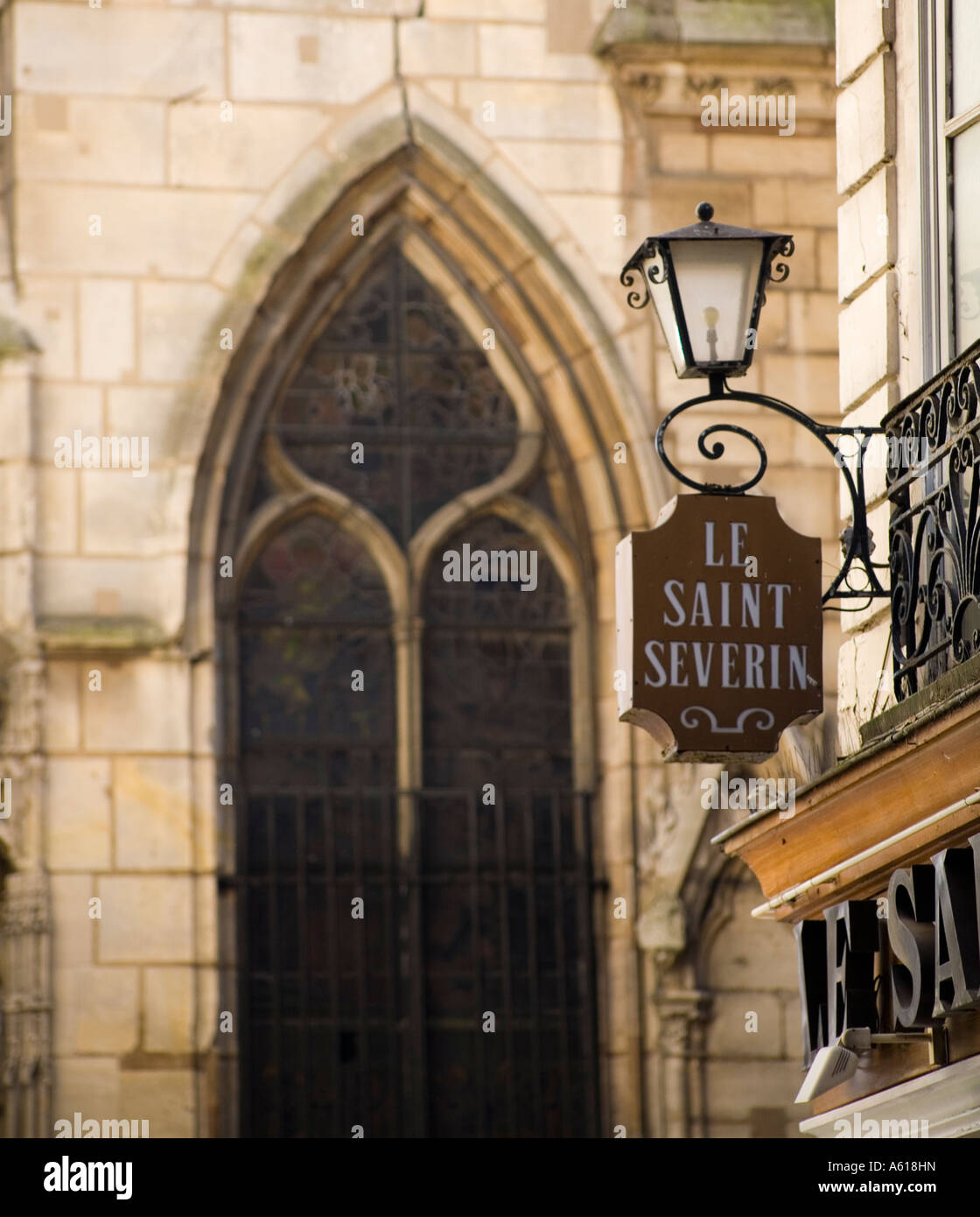 Rue Saint Severin with Le Saint Severin and the church of Saint Severin in the background Paris France Stock Photo