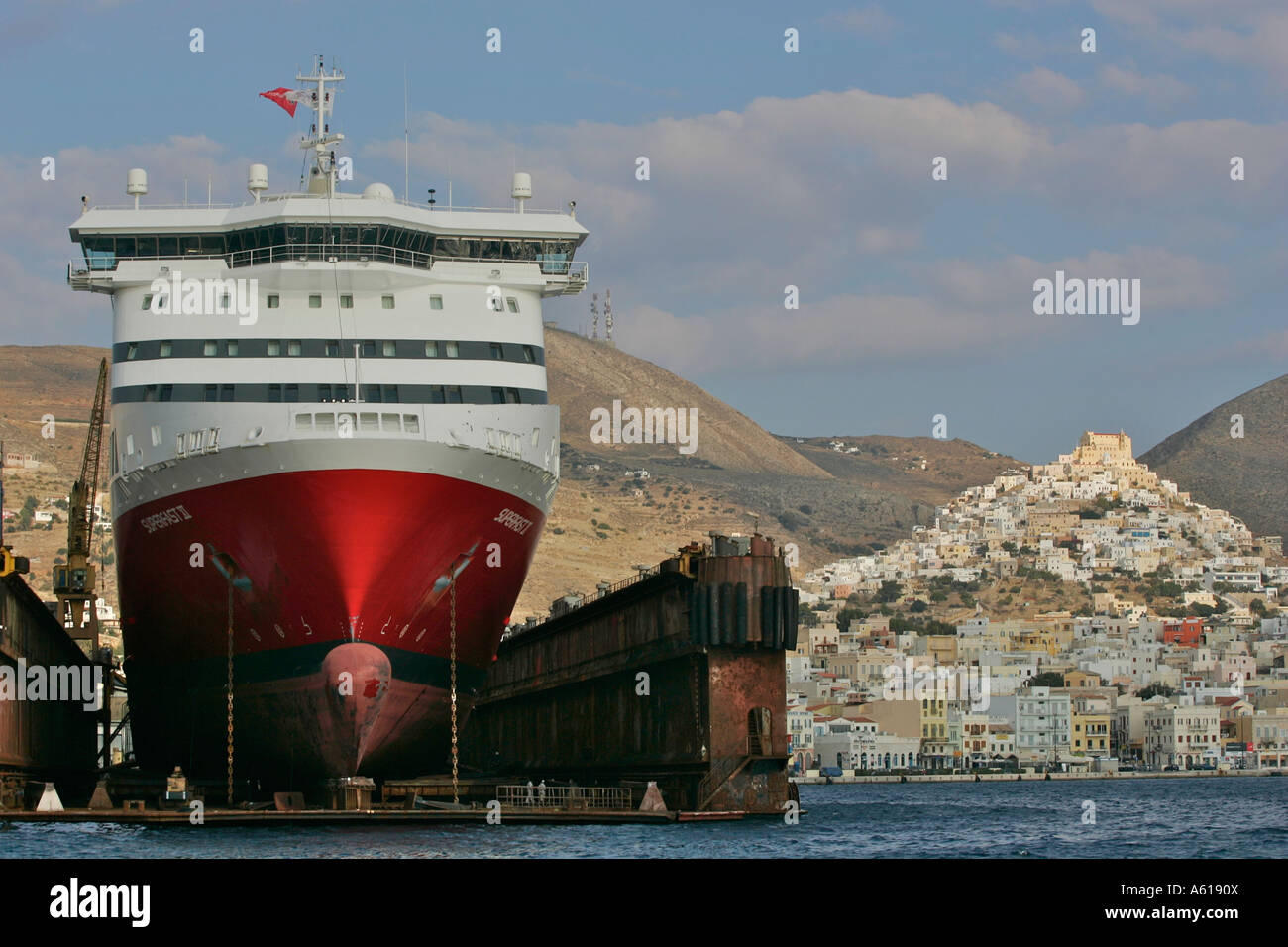 Ferry in floating dock on the cyclad island Syros in Agais, Greece Stock Photo