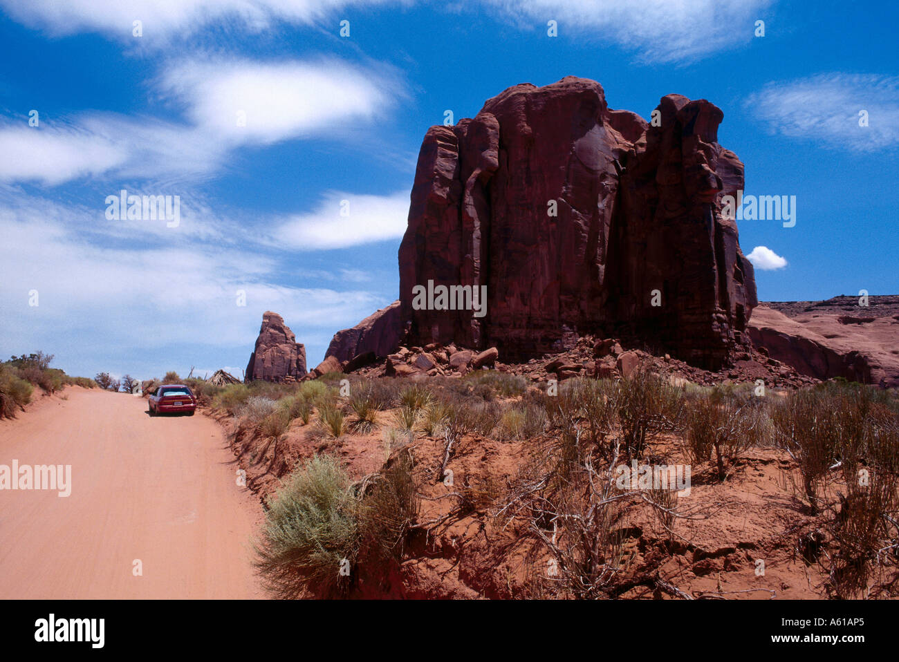 Road passing through desert, Spearhead Mesa, Monument Valley, Arizona, USA Stock Photo