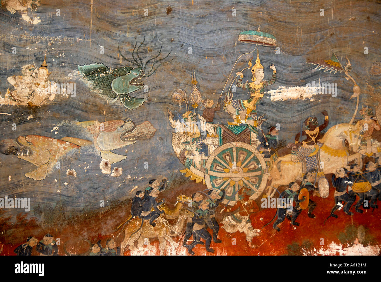 Szene of the epic Ramayana Rama leaves the sea behind in his chariot Silver Pagoda Royal Palace Phnom Penh Cambodia Stock Photo