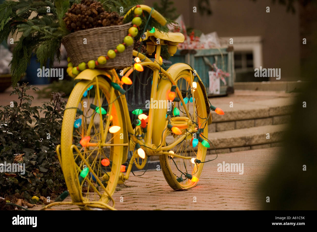 Bike with Christmas lights Stock Photo Alamy