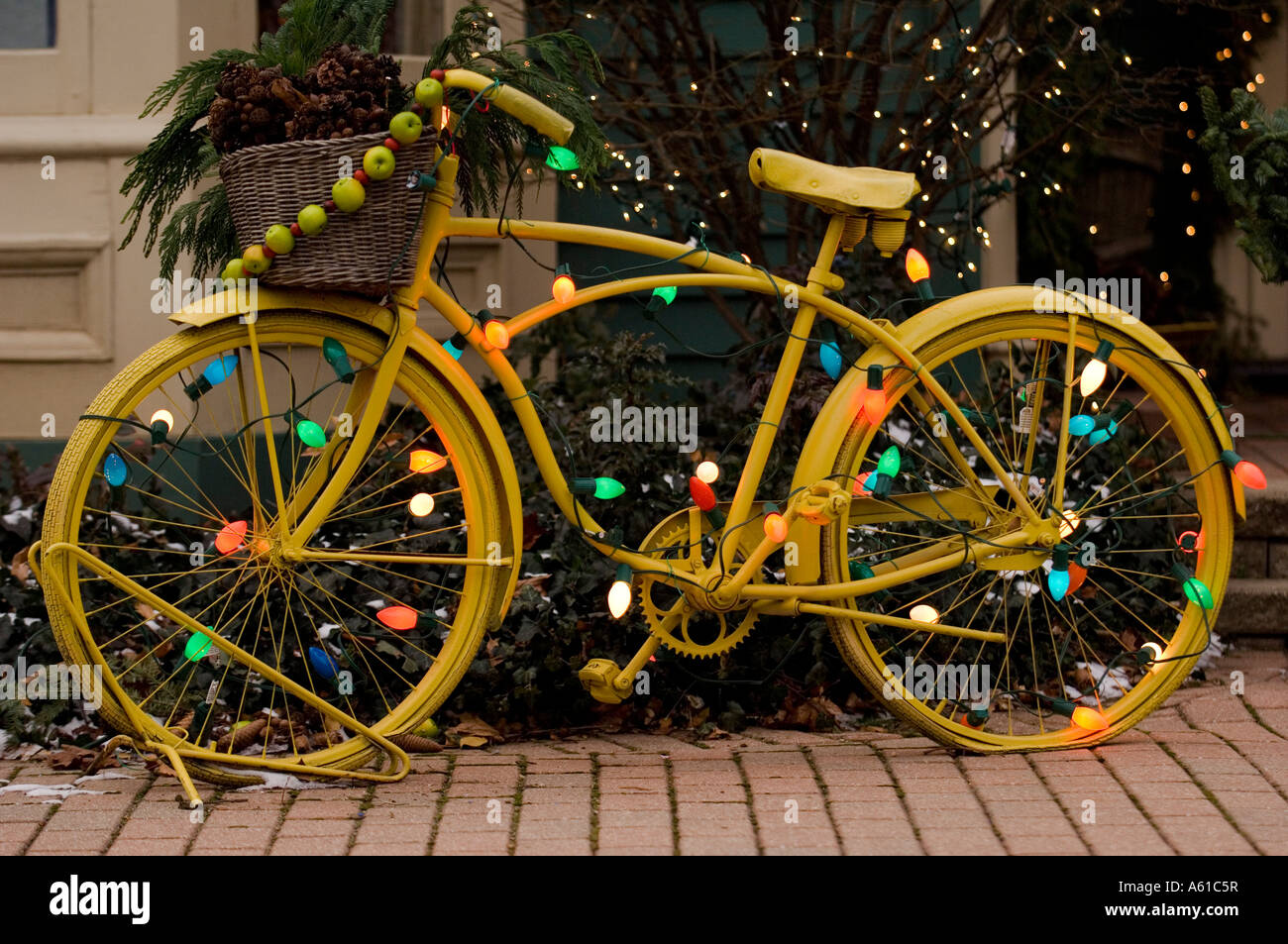 Bike with Christmas lights Stock Photo Alamy