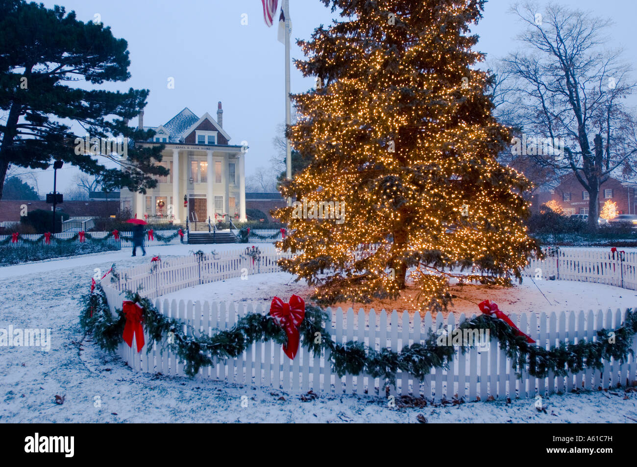 Christmas tree and Abel B Cook Museum in Libertyville Illinois Stock Photo