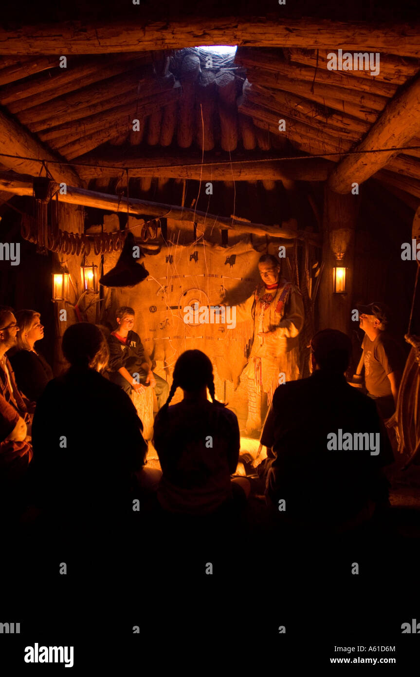 Native Americans in an Earth Lodge at Fort Abraham Lincoln State Park North Dakota Stock Photo