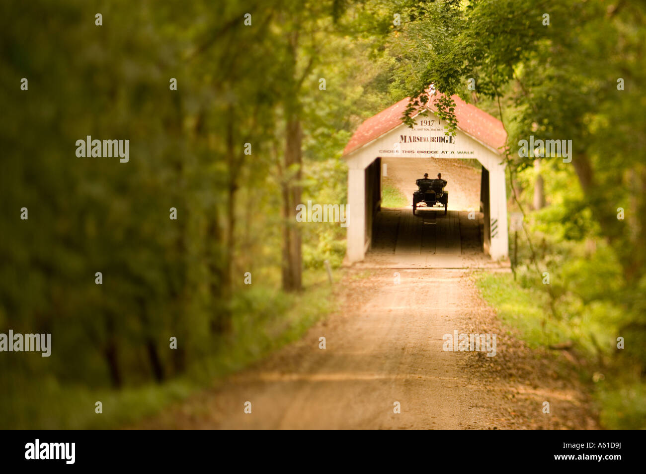 Antique Car and Marshall Covered Bridge in Parke County Indiana The Covered Bridge Capital of the World Stock Photo