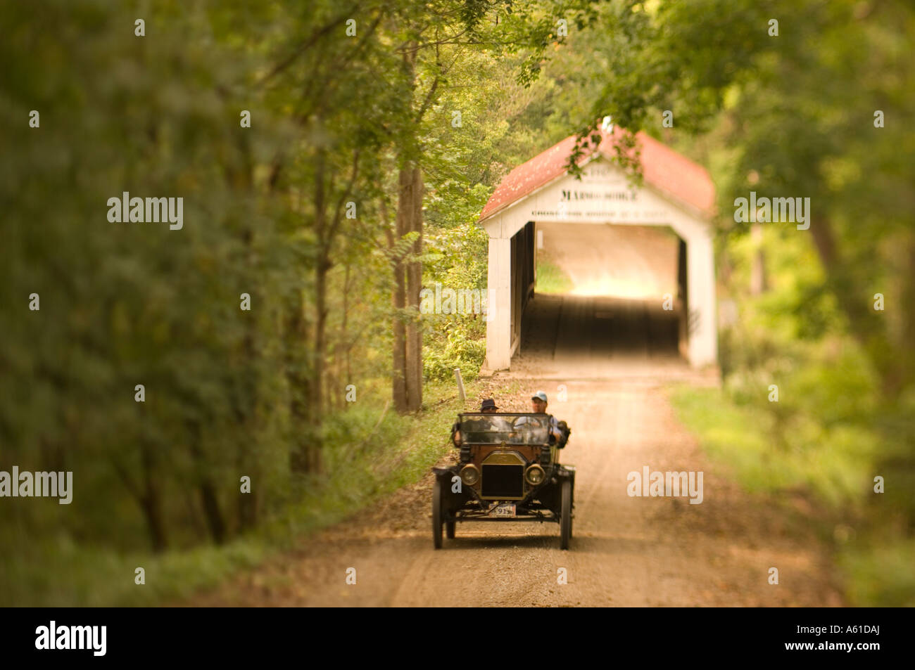 Antique Car and Marshall Covered Bridge in Parke County Indiana The