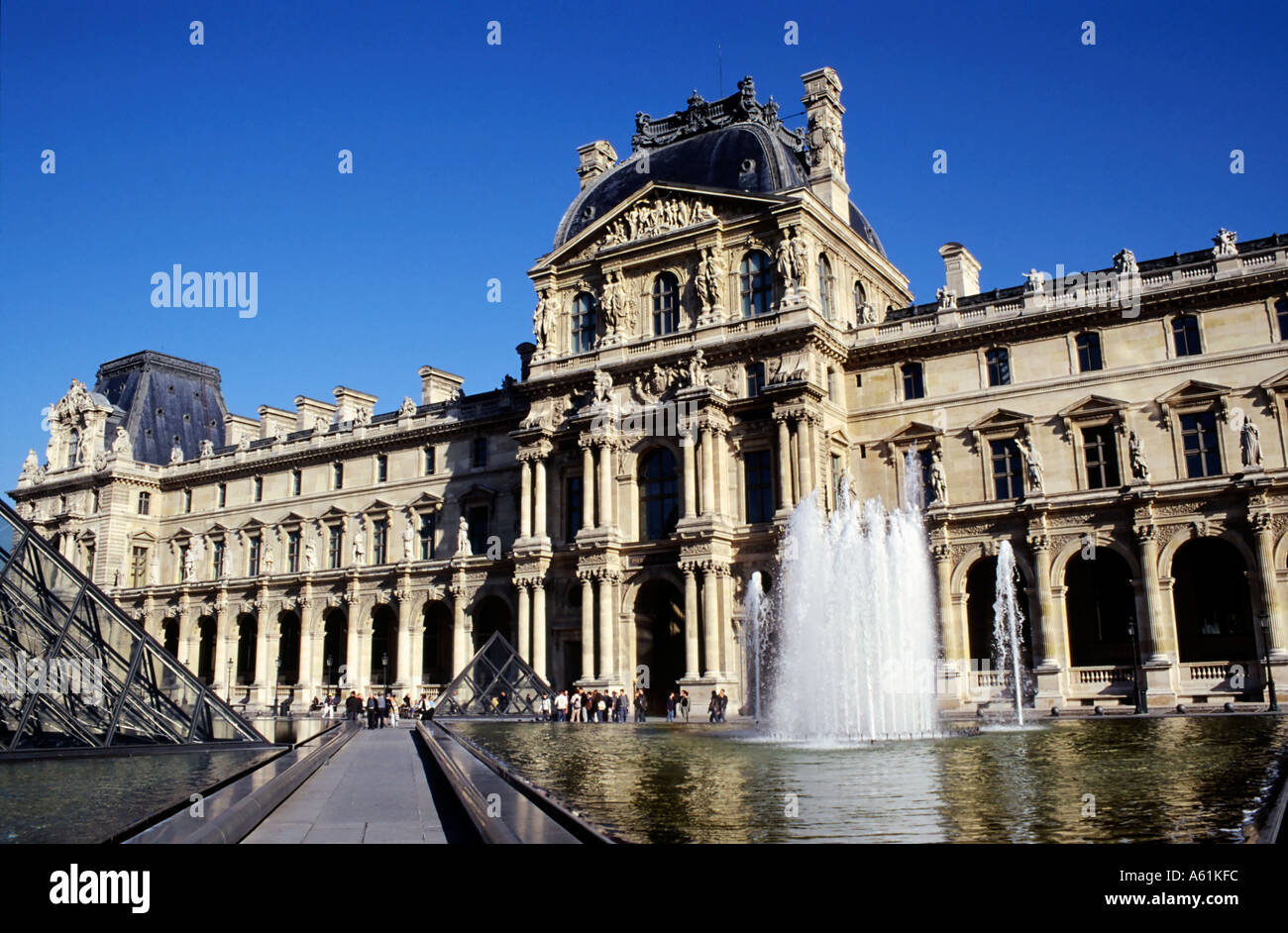 Water feature and fountain outside the Louvre art museum. Paris, France