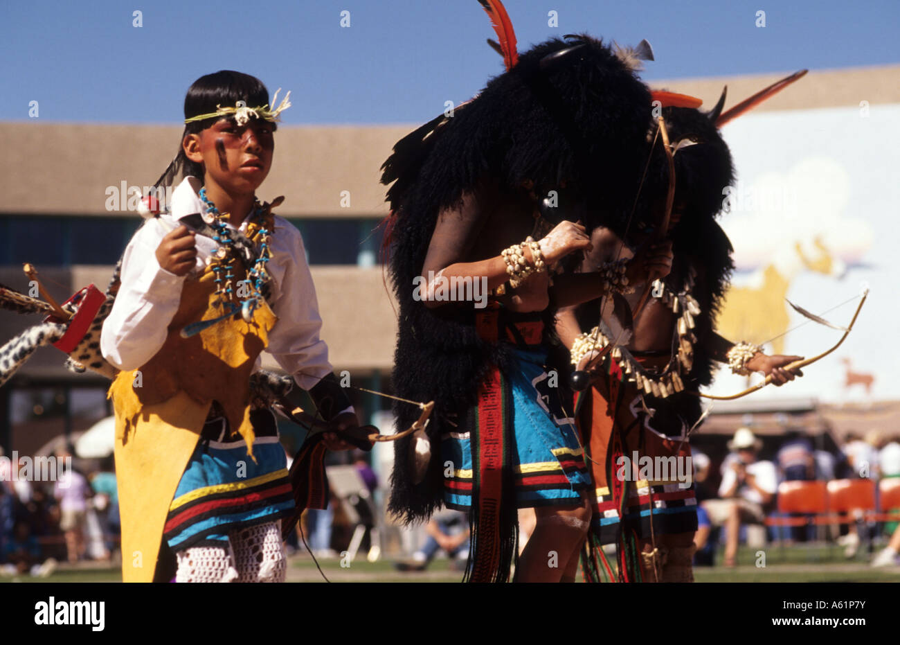 Pueblo Indians in America in their native costumes at Buffalo Dance in New Mexico near Albuquerque Stock Photo
