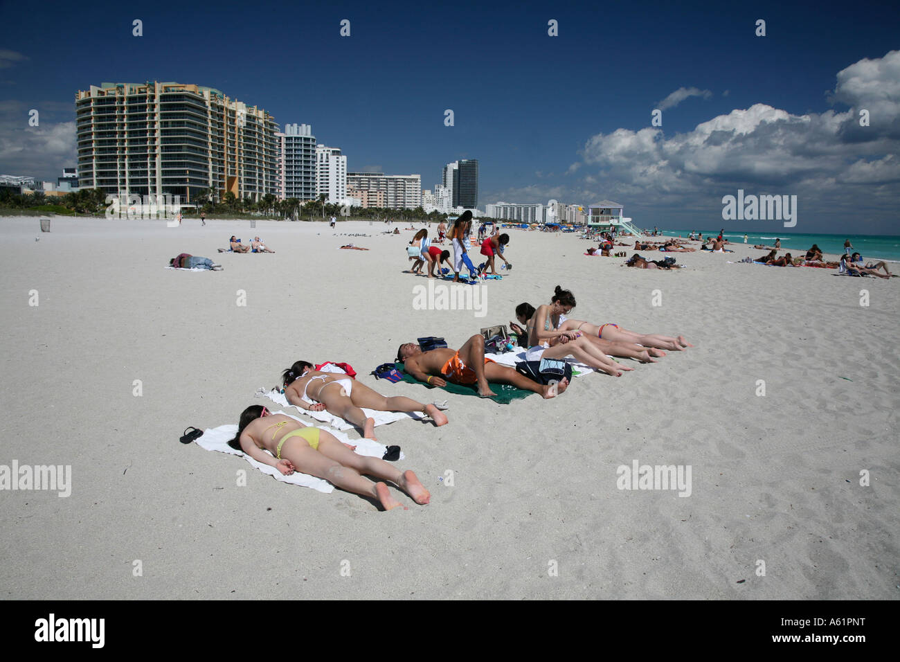 Usa Florida Miami Beach With Hotels And Sun Worshipers Sandy