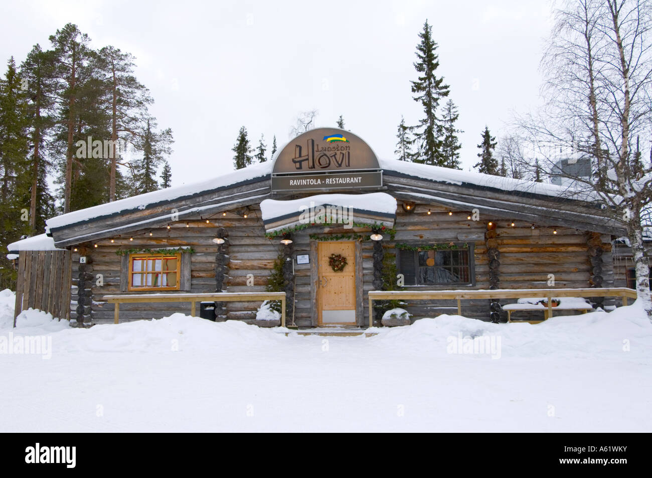 Cosy log cabin restaurant in Luosto, Lapland, Northern Finland, Europe, Arctic Stock Photo