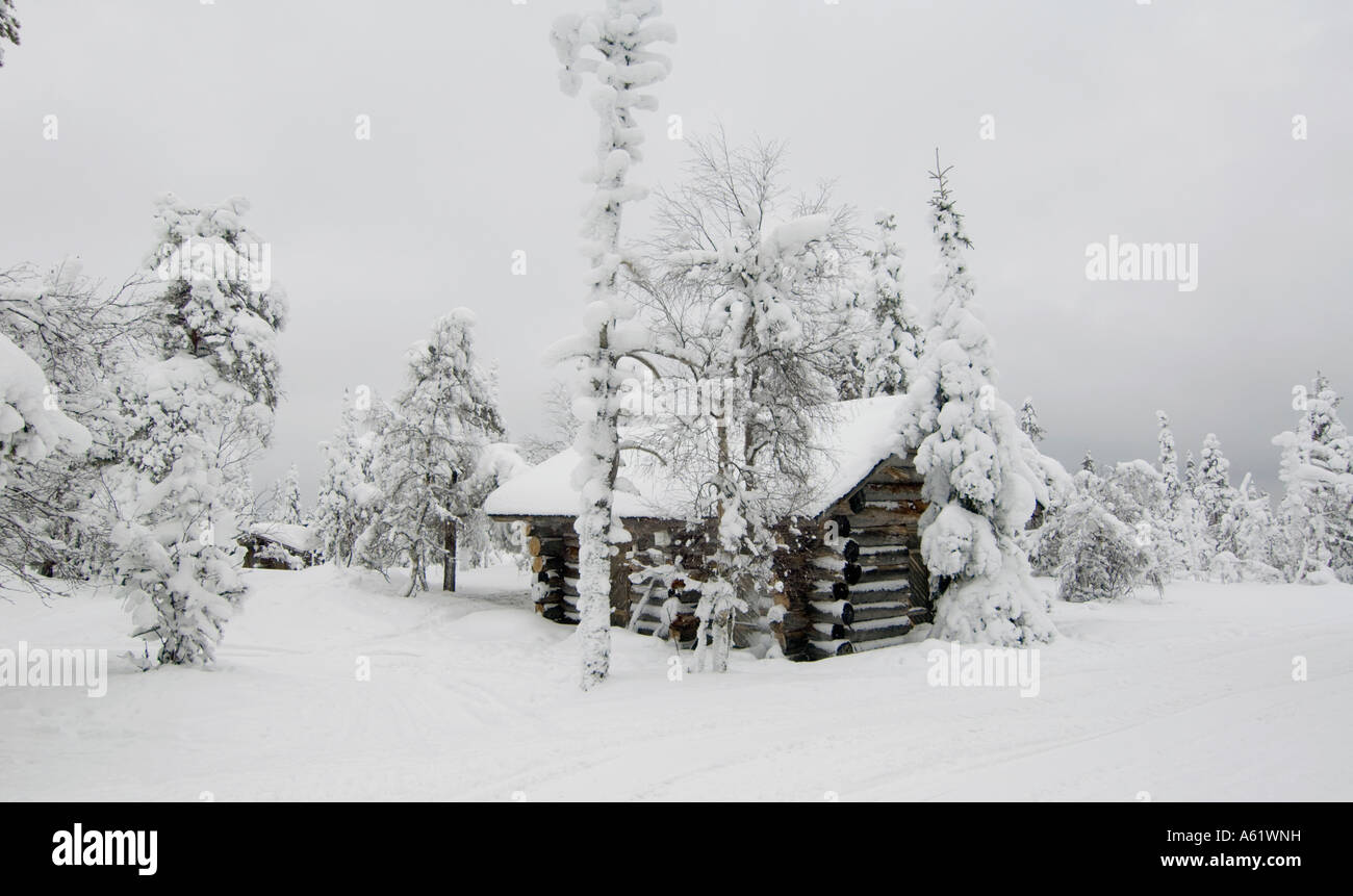 Log cabin under the snow in the Arctic winter, Luosto, Lapland ...