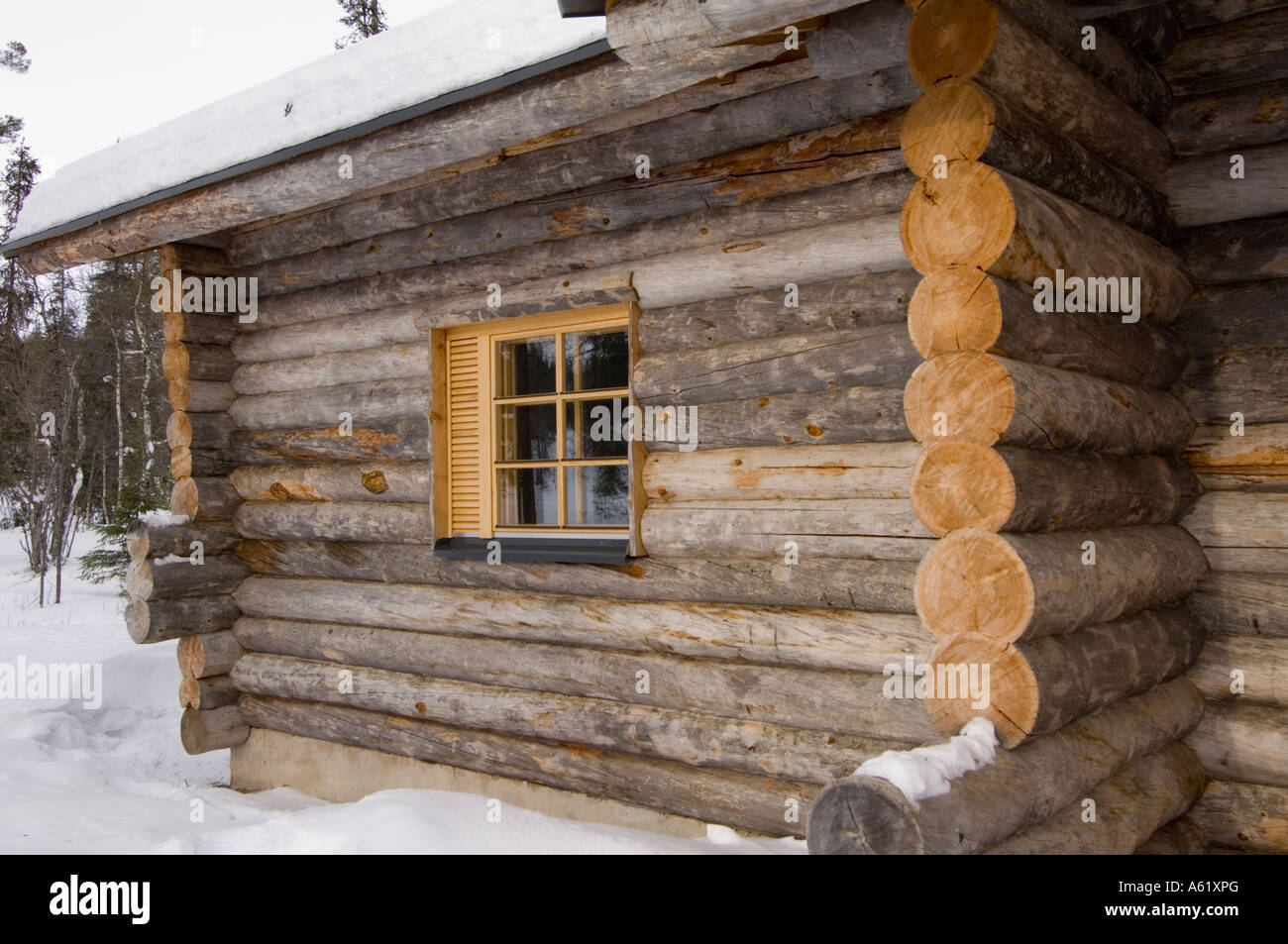 View of a traditional log cabin, Luosto, Lapland, Northern Finland, Europe, Arctic Stock Photo