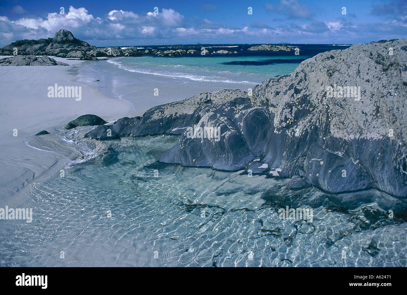 SCOTLAND Isle Of Iona White sandy beach with rocks and clear blue water. Stock Photo