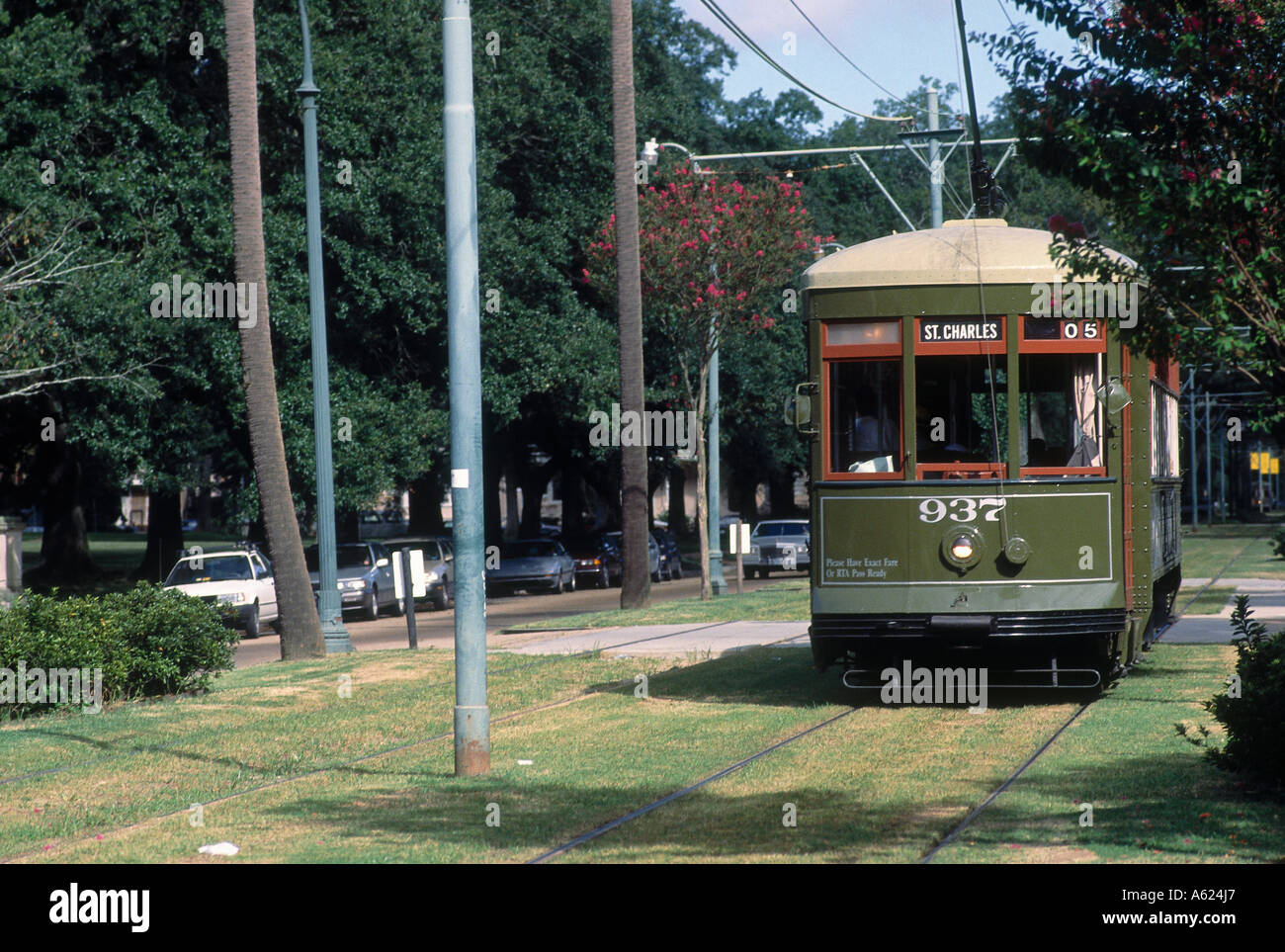 Cable car on tracks, St. Charles Streetcar, New Orleans, Louisiana, USA