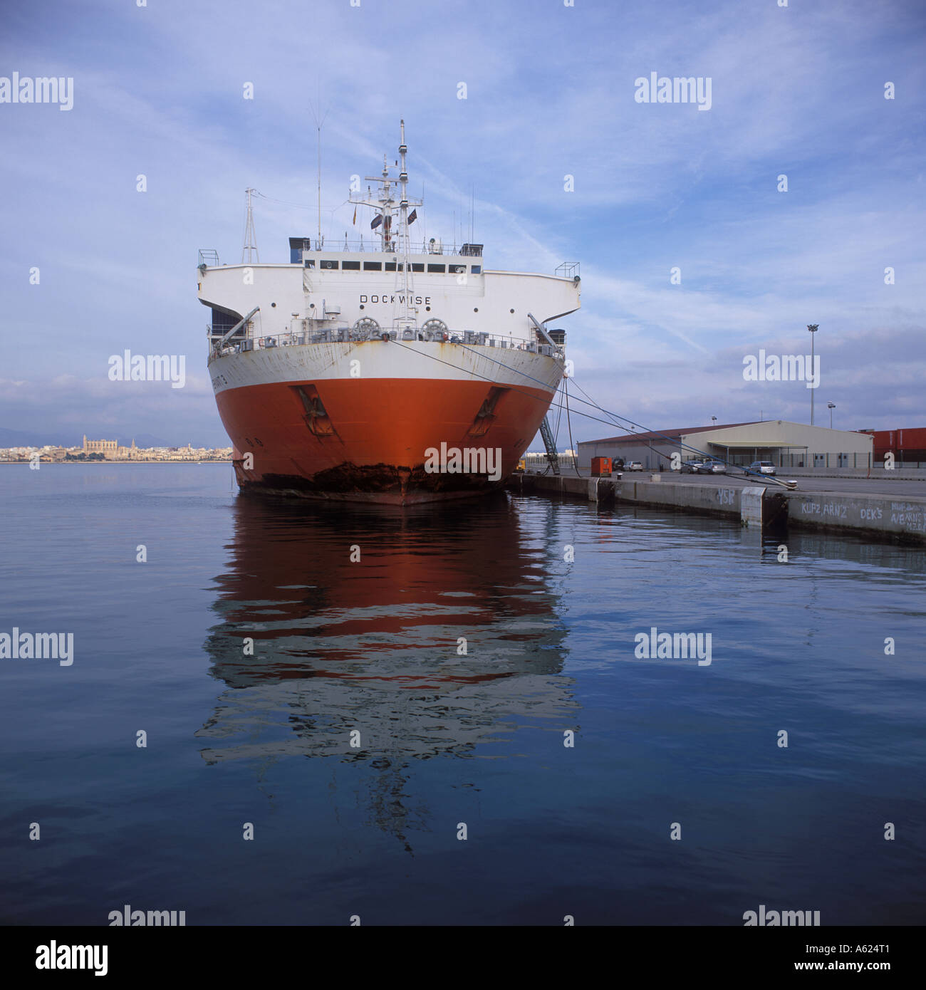 Dockwise Yacht Transport semi submersible yacht carrier Super Servant 3 semi submerged during loading in Palma de Mallorca. Stock Photo