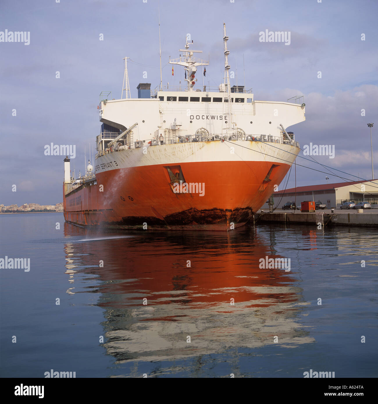 Dockwise Yacht Transport semi submersible yacht carrier Super Servant 3 semi submerged during loading in Palma de Mallorca. Stock Photo