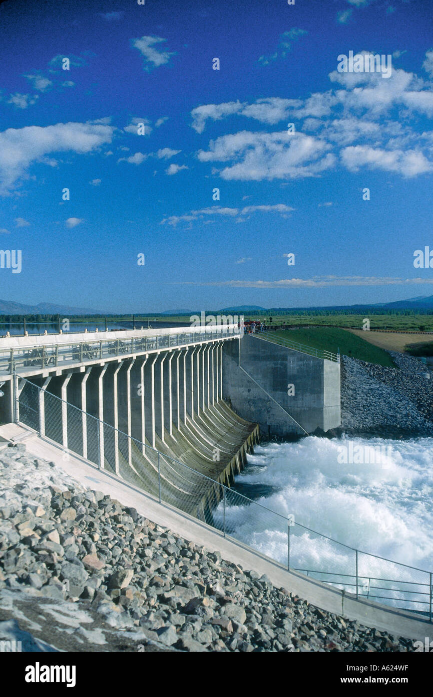 Dam on lake, Jackson Lake Dam, Grand Teton National Park, Wyoming, USA
