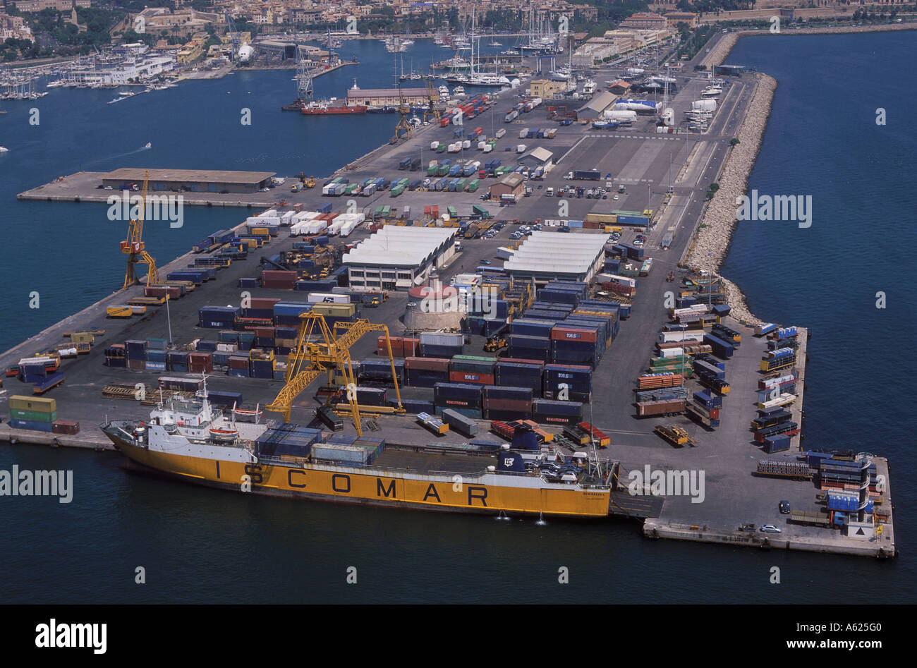 Aerial view of commercial quay with ISCOMAR ro ro container vessel Benirredra at berth, Palma de Mallorca. Stock Photo