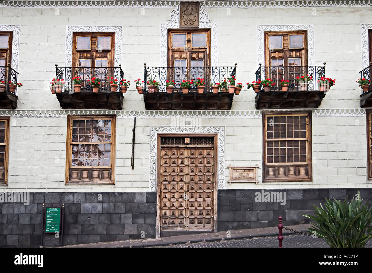 Balconies and carved wooden doors House of the Fonseca family House of the Balconies La Orotava Tenerife Spain Stock Photo