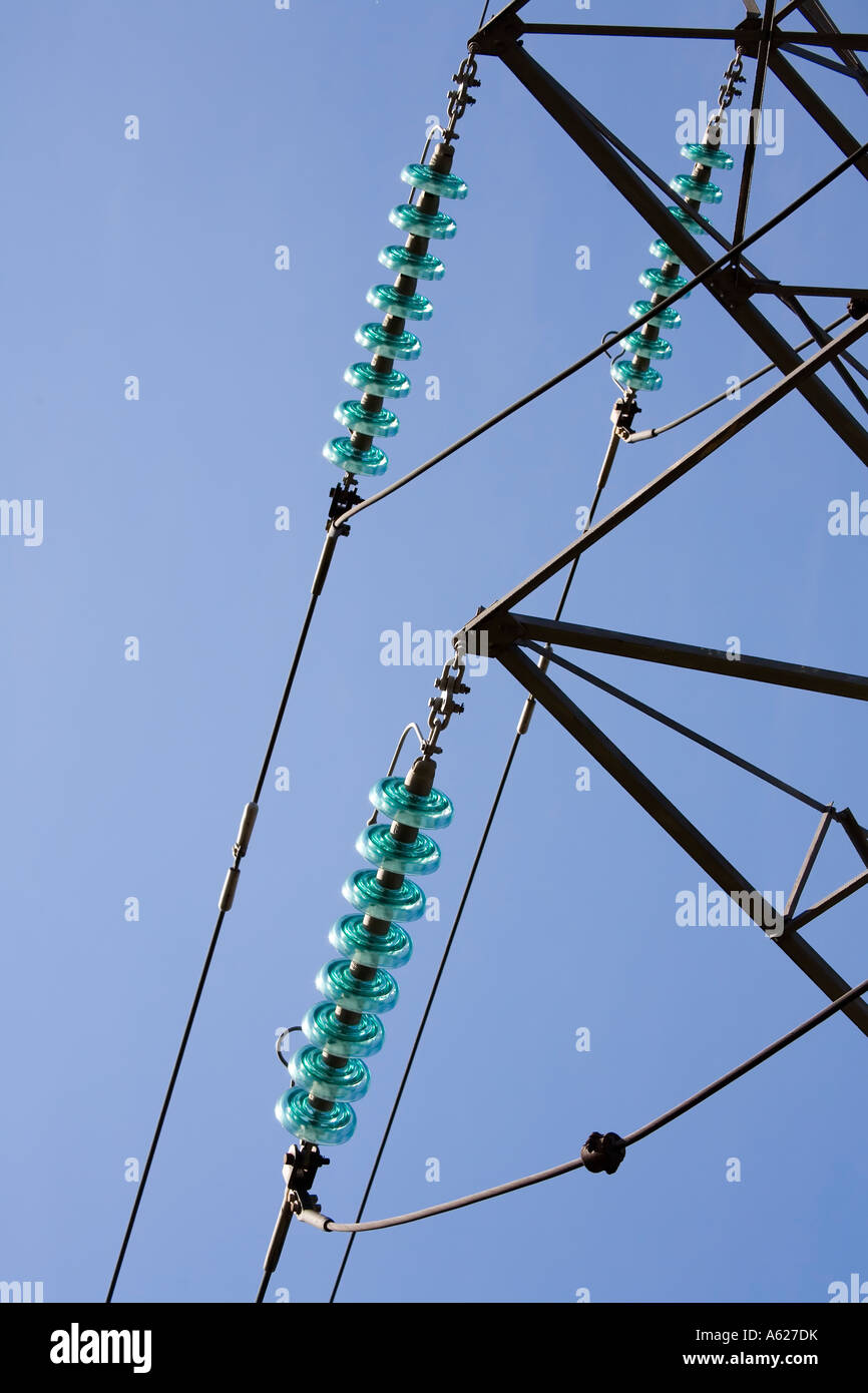 Glass insulators on electricity pylon Wales UK Stock Photo Alamy