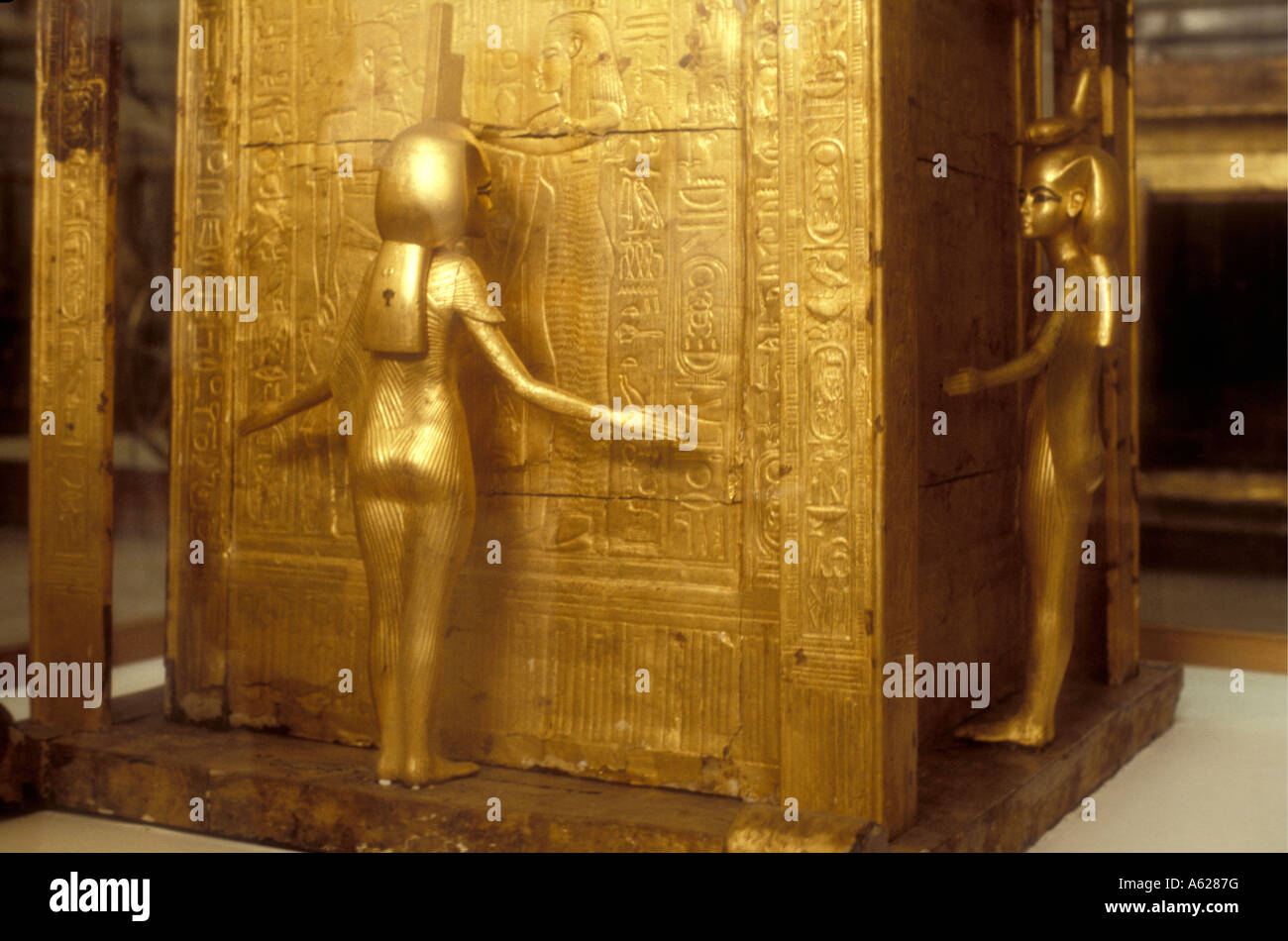 Guilded shrine of Godess Isis enclosing canophic chest of Tutankhamen Egyptian Museum of Antiquities Cairo Egypt Stock Photo