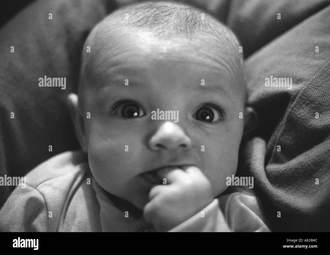 headshot of surprised looking baby with his fingers in his mouith Stock Photo