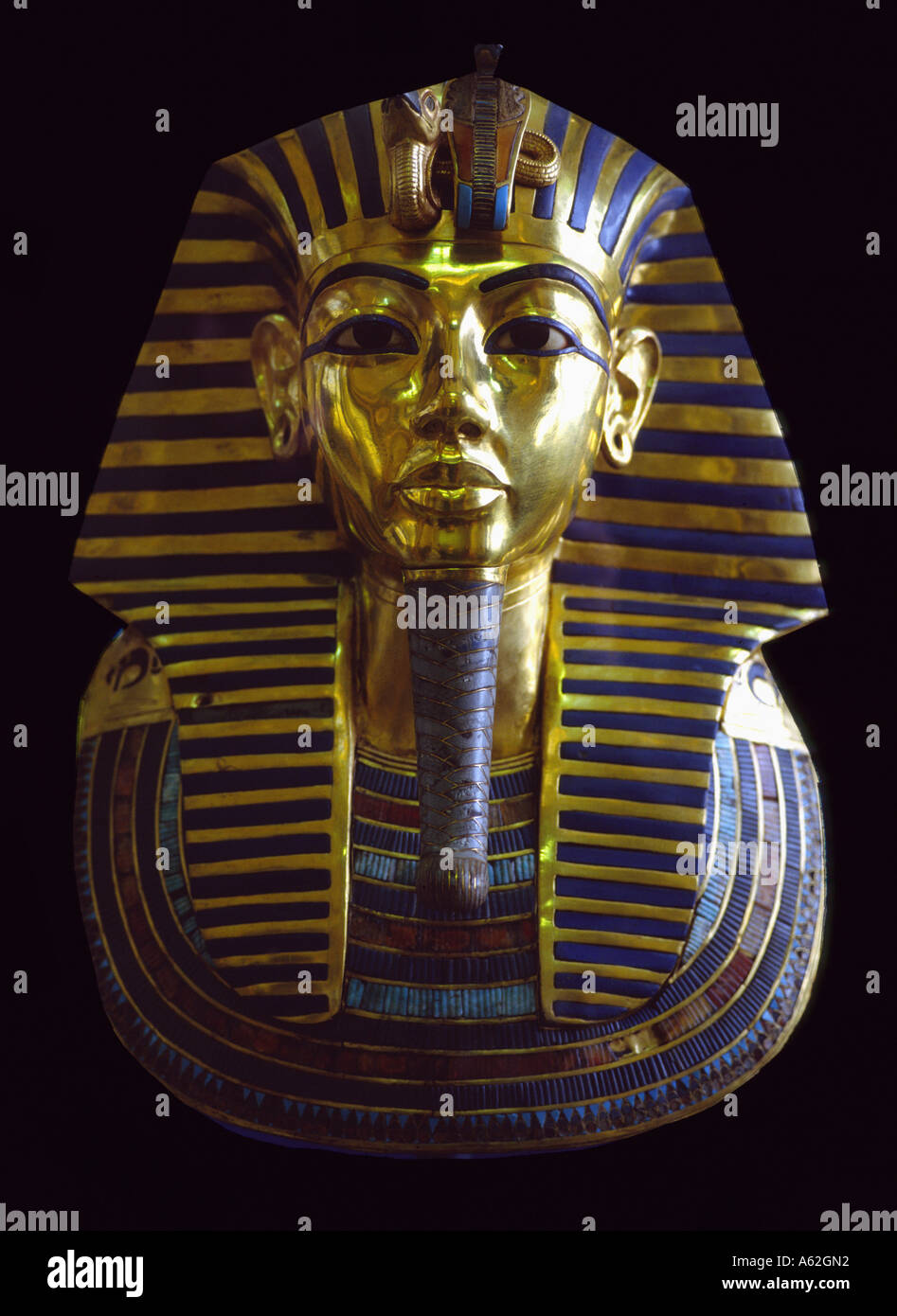Death mask of Tutankhamun against black background, Egypt Stock Photo