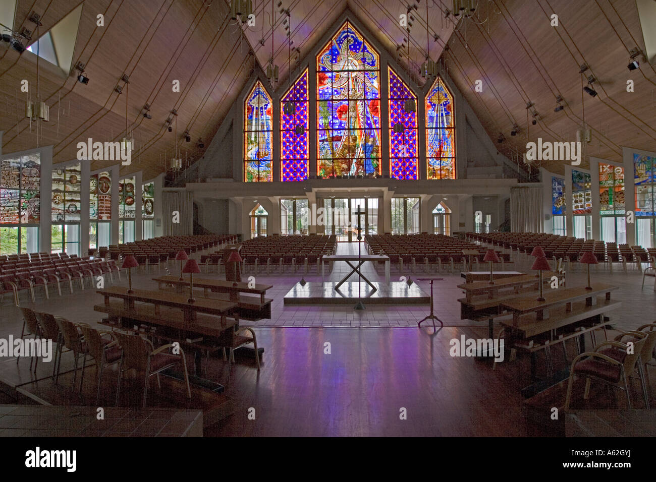 Stained glass window and interior of Holy Trinity Cathedral Parnell