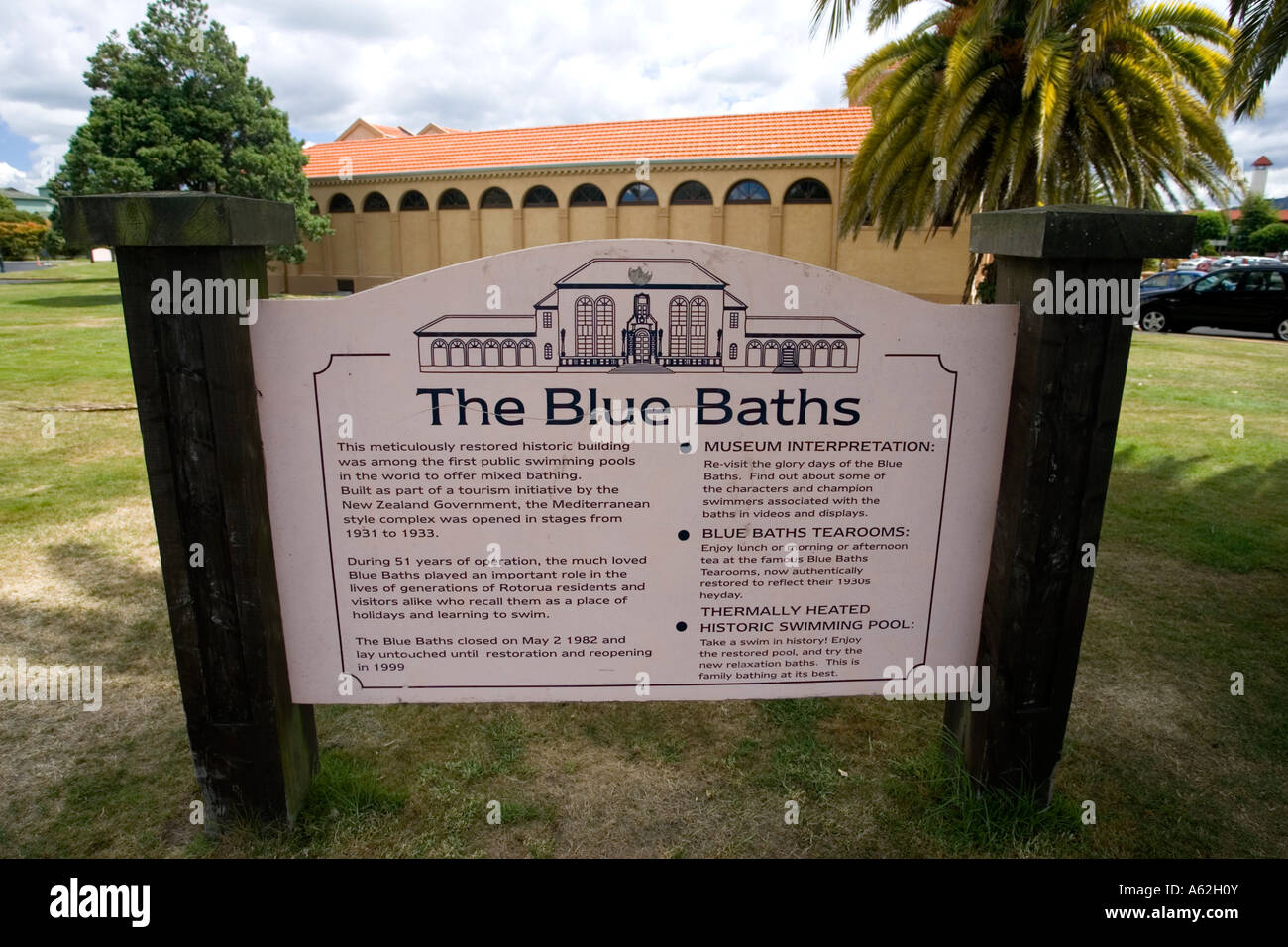 Sign outside Blue Baths in Government Gardens outside Rotorua Museum ...