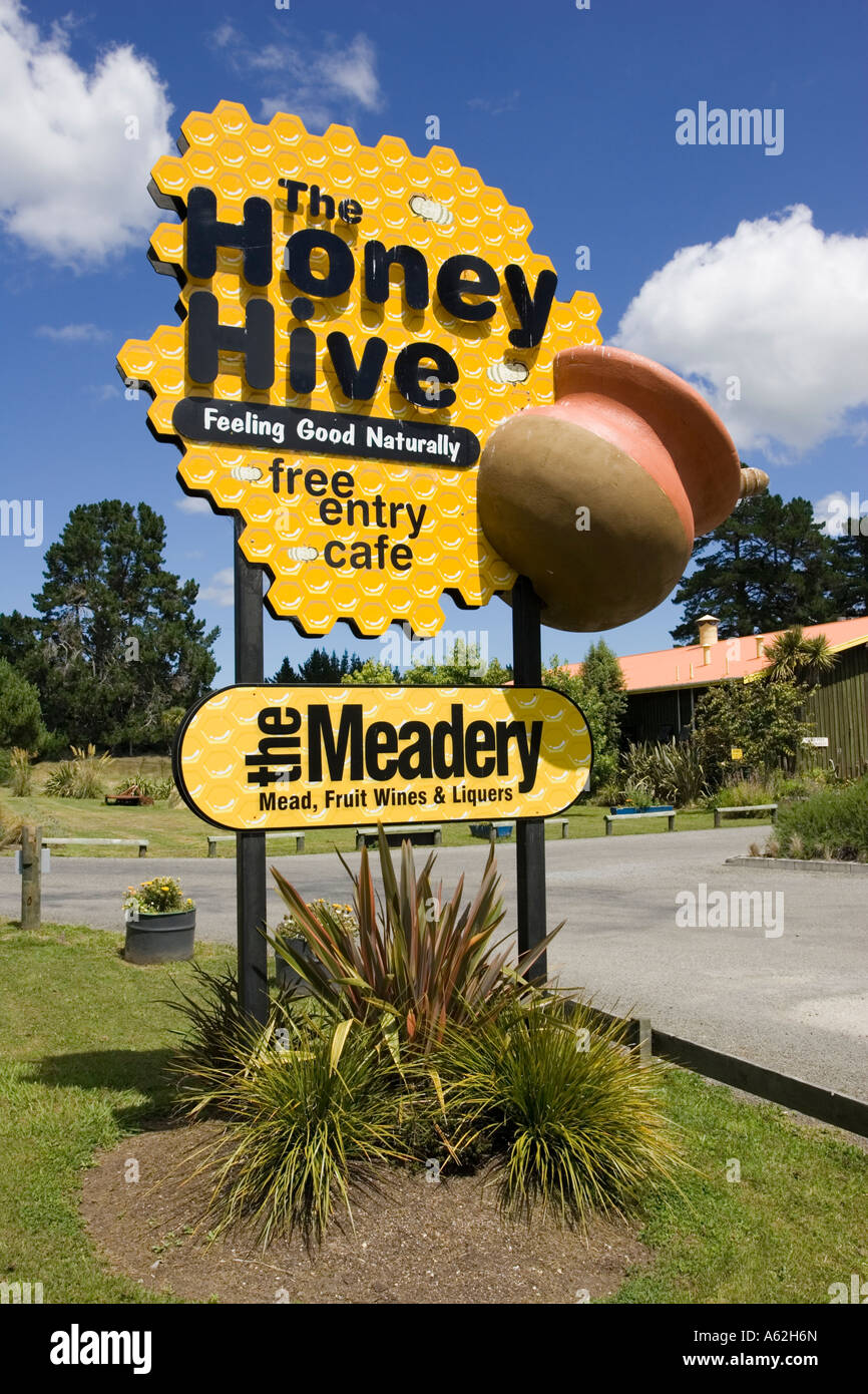 Notice outside Honey Hive cafe and honey producer Rotorua North Island New Zealand Stock Photo