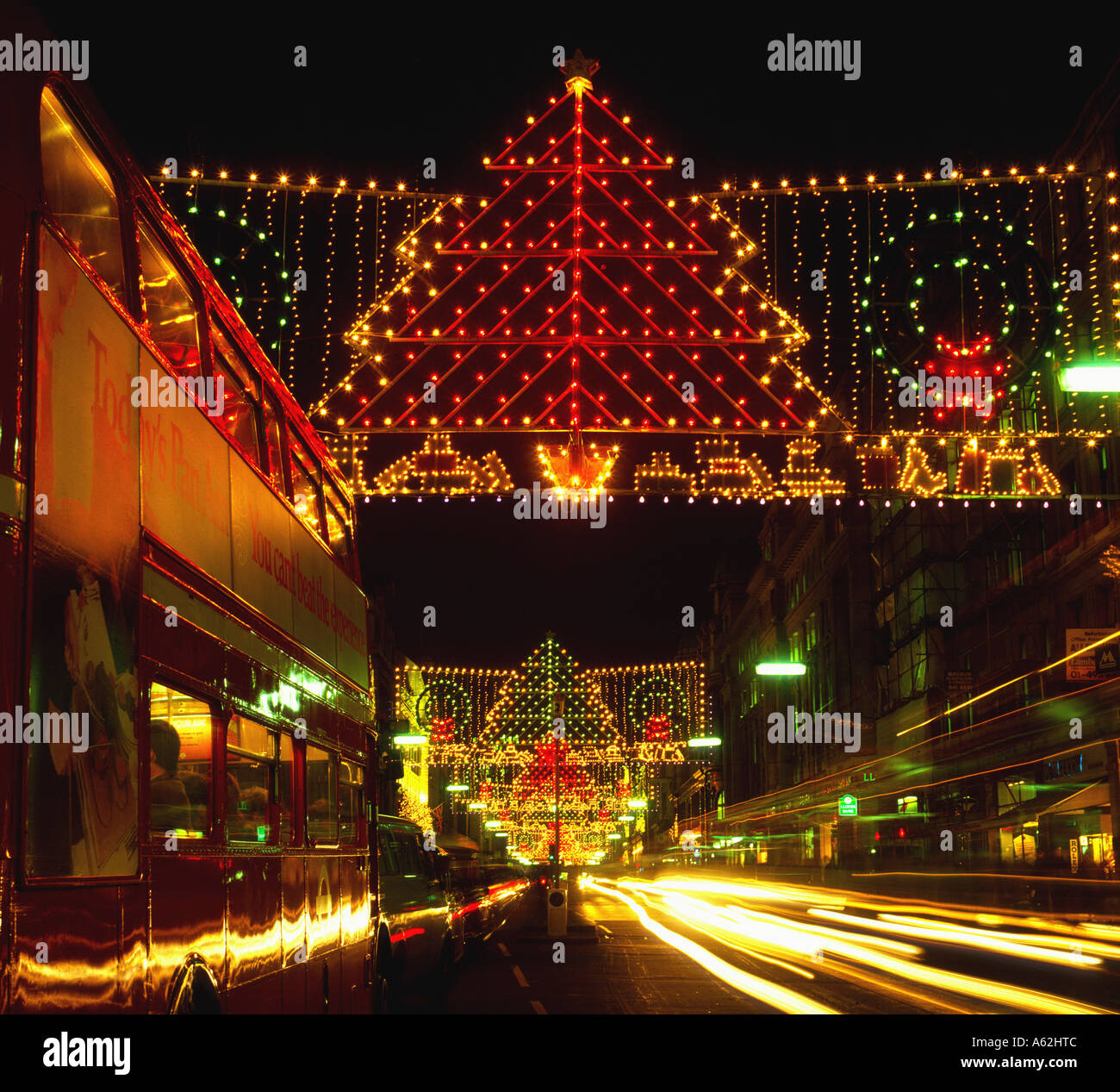 Street illuminated with Christmas lights, London, England Stock Photo
