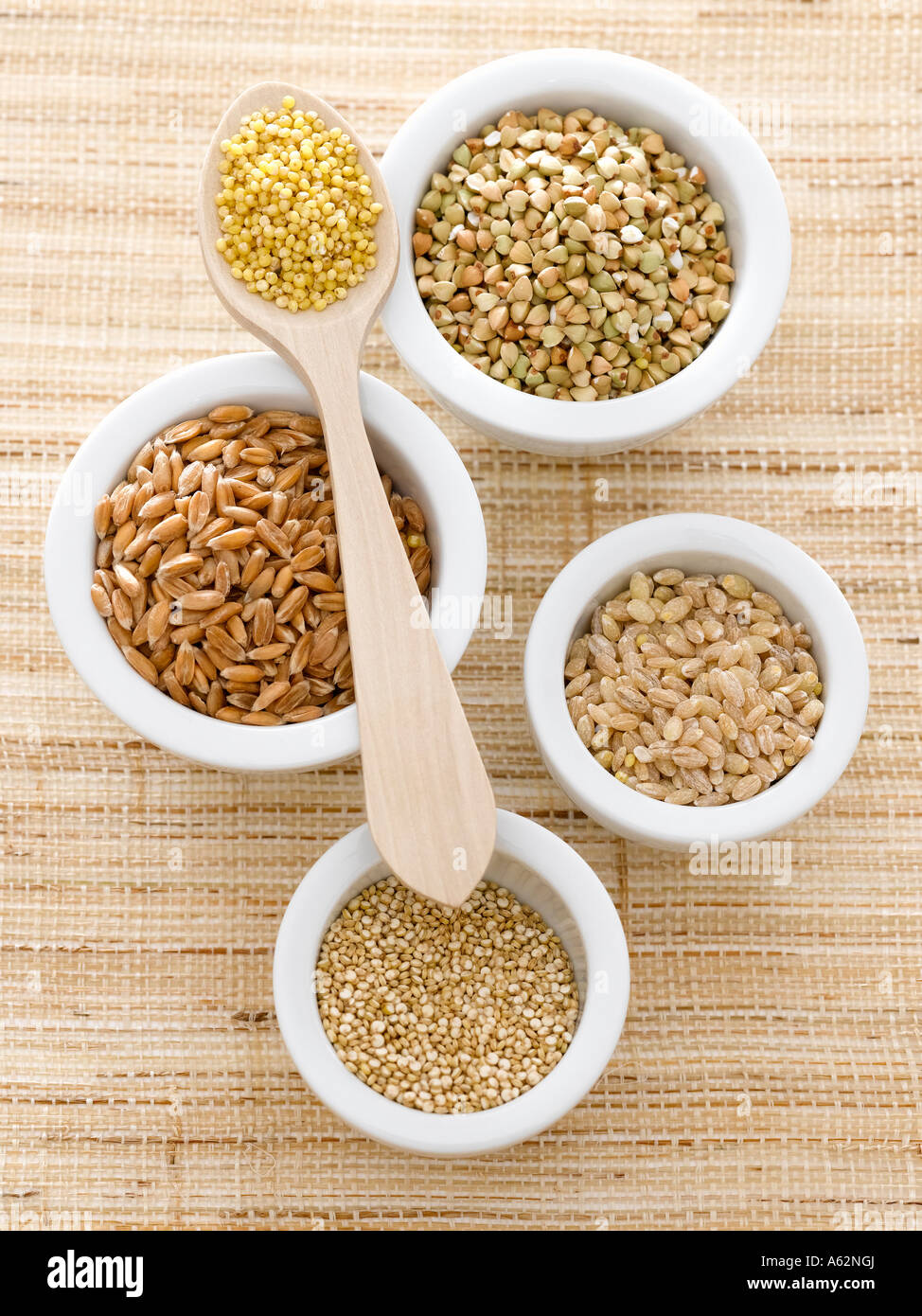 Buckwheat millet spelt barley and quinoa shot with professional medium format digital camera Stock Photo