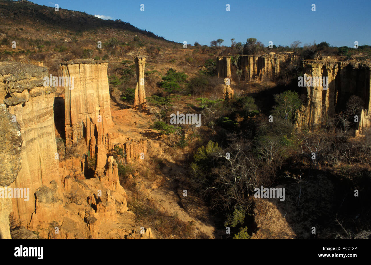 Isimila stone age site 10m high sandstone pillars in a dry riverbed Iringa Tanzania Stock Photo