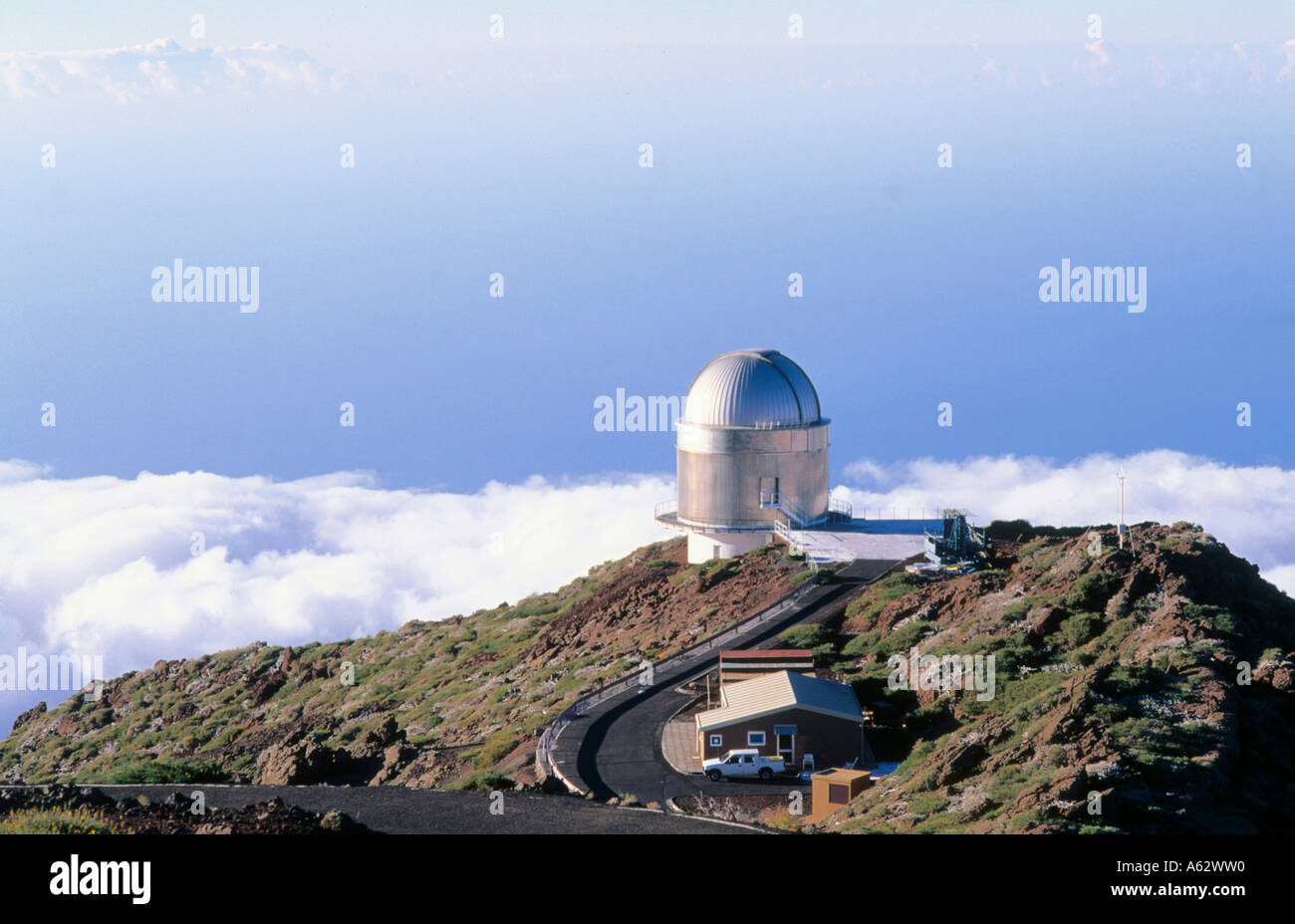 High angle view of observatory at research station on mountain top, La