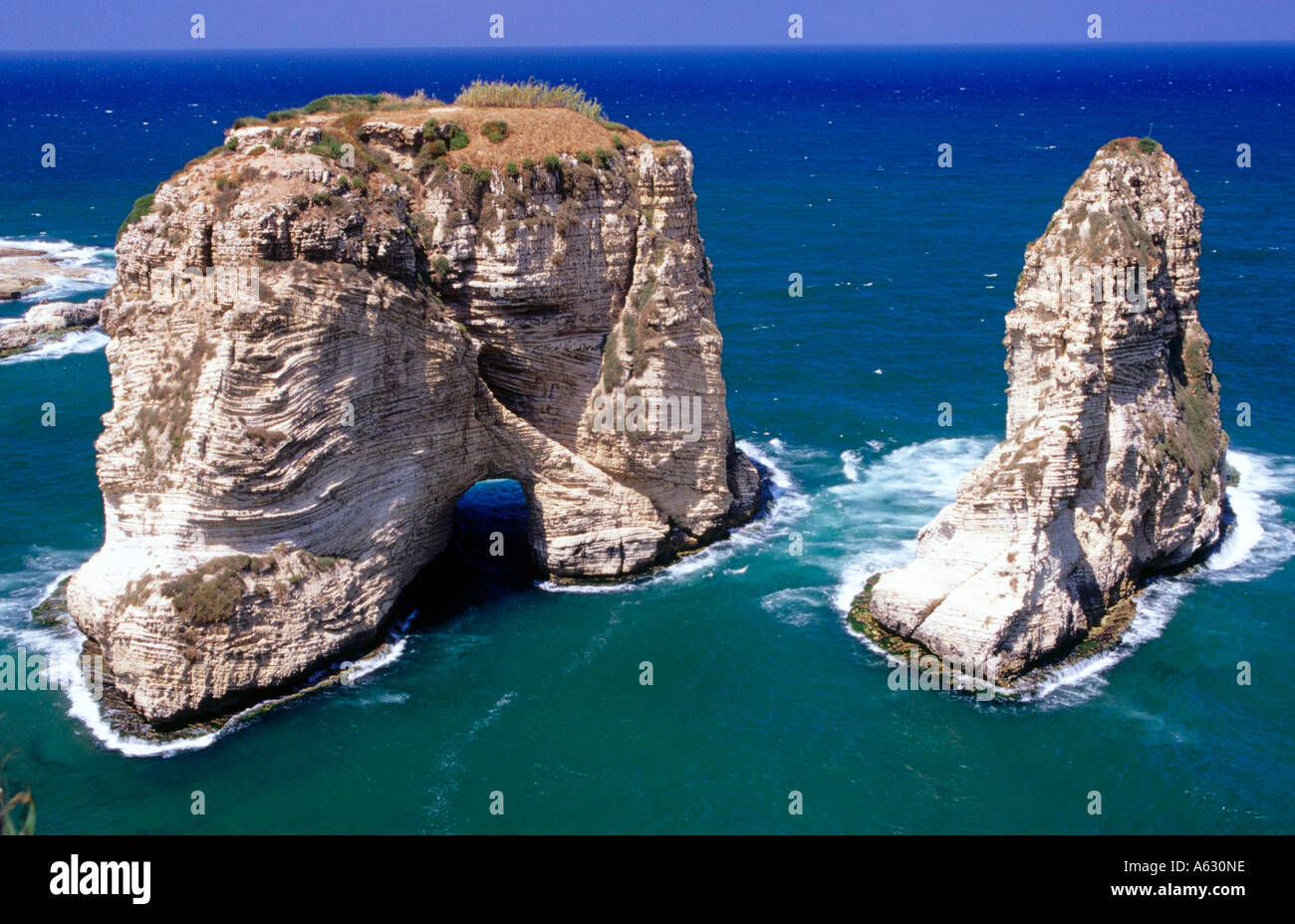 High angle view of rock formations in sea, Pigeon Rock, Beirut, Lebanon