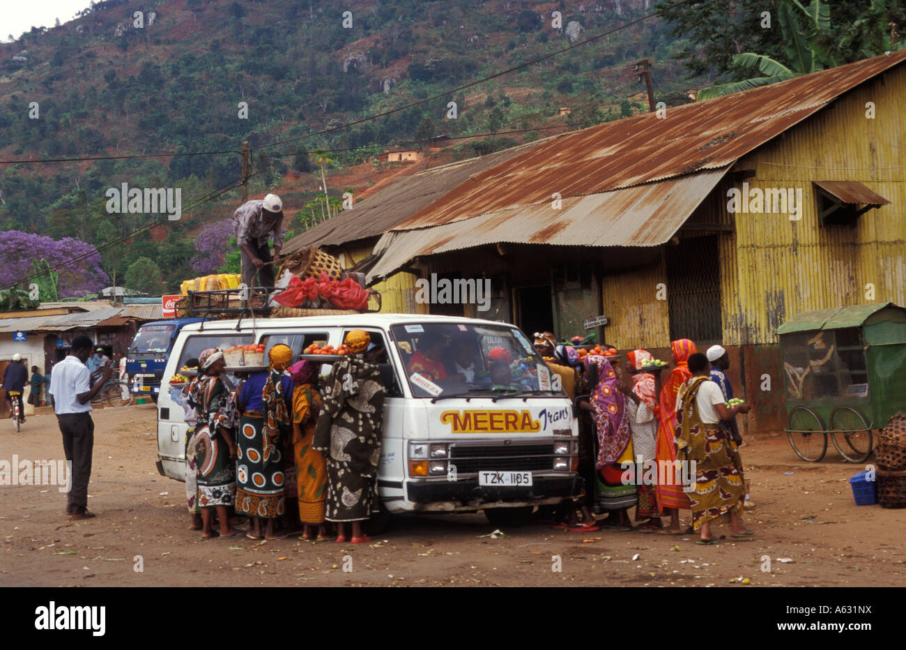 women selling goods to passengers in a transport vehicle Soni Usambara Mountains Tanzania Stock Photo