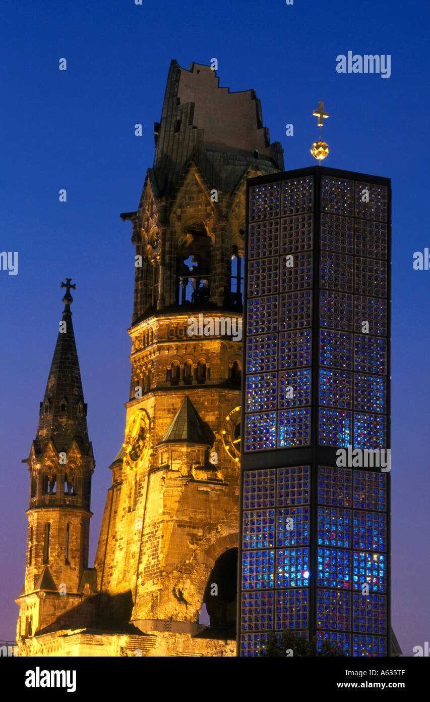 Low angle view of church lit up at night, Kaiser-Wilhelm Church, Berlin, Germany Stock Photo