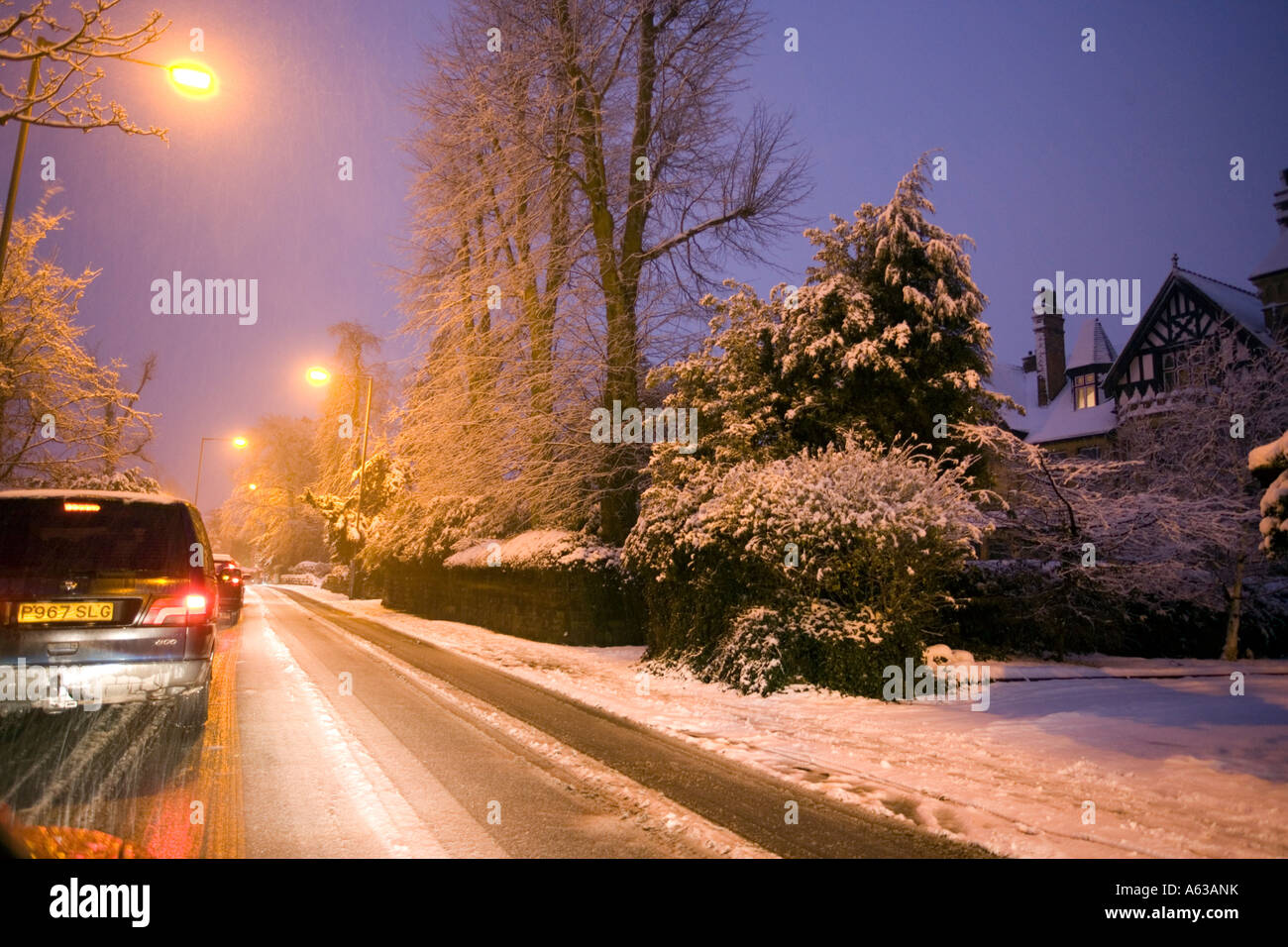 Traffic comes to a standstill in Wake Green Road Moseley Birmingham during a heavy snow fall Stock Photo