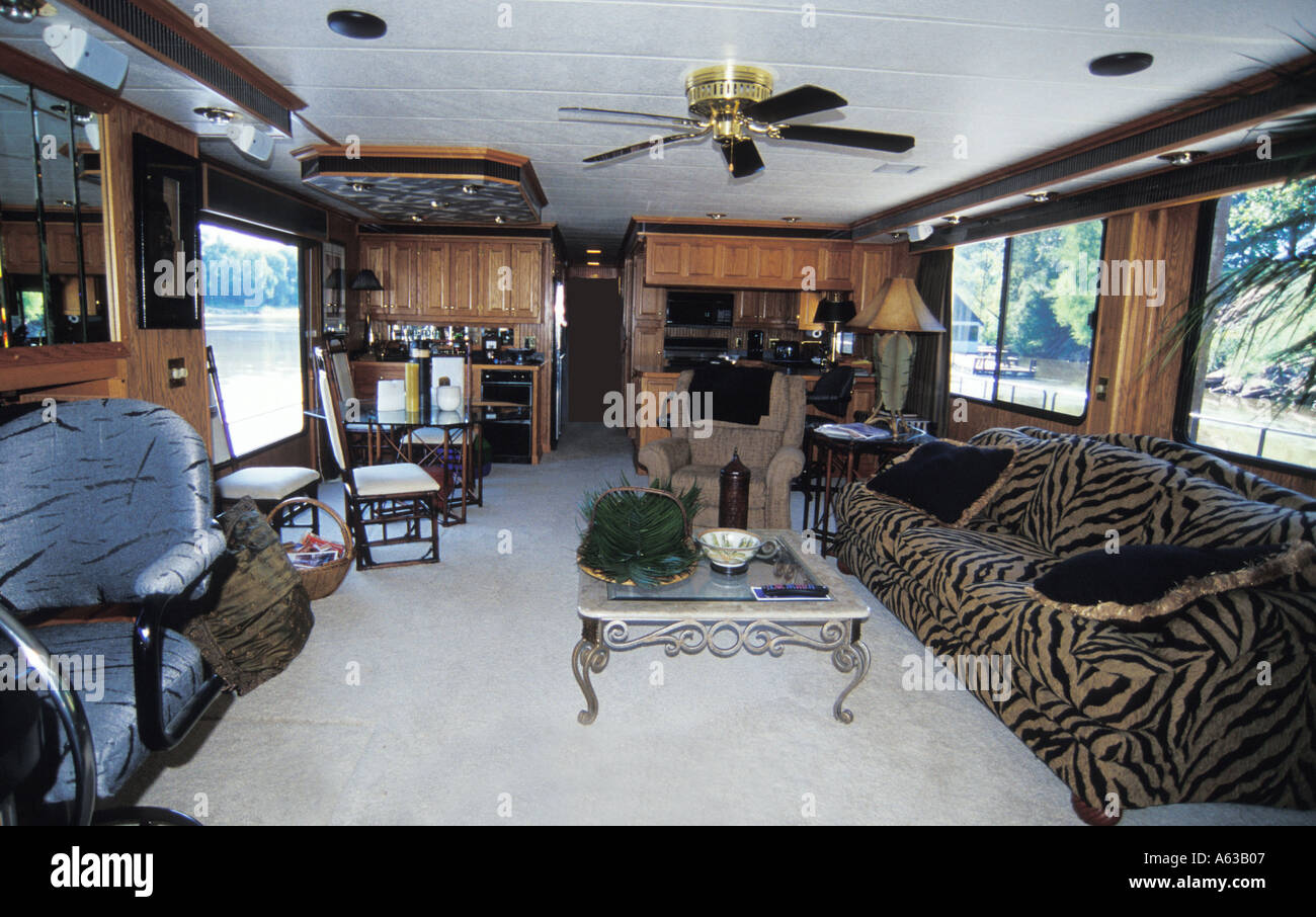 Living room of luxury houseboat on Ouachita River near Monroe Louisiana