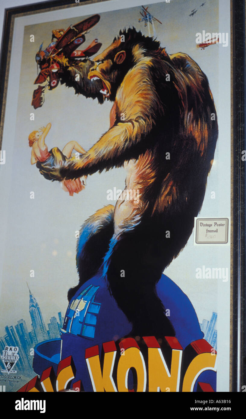 Old movie poster of King Kong gorilla atop Empire State Building is seen in Antique Alley in Monroe Louisiana LA Stock Photo