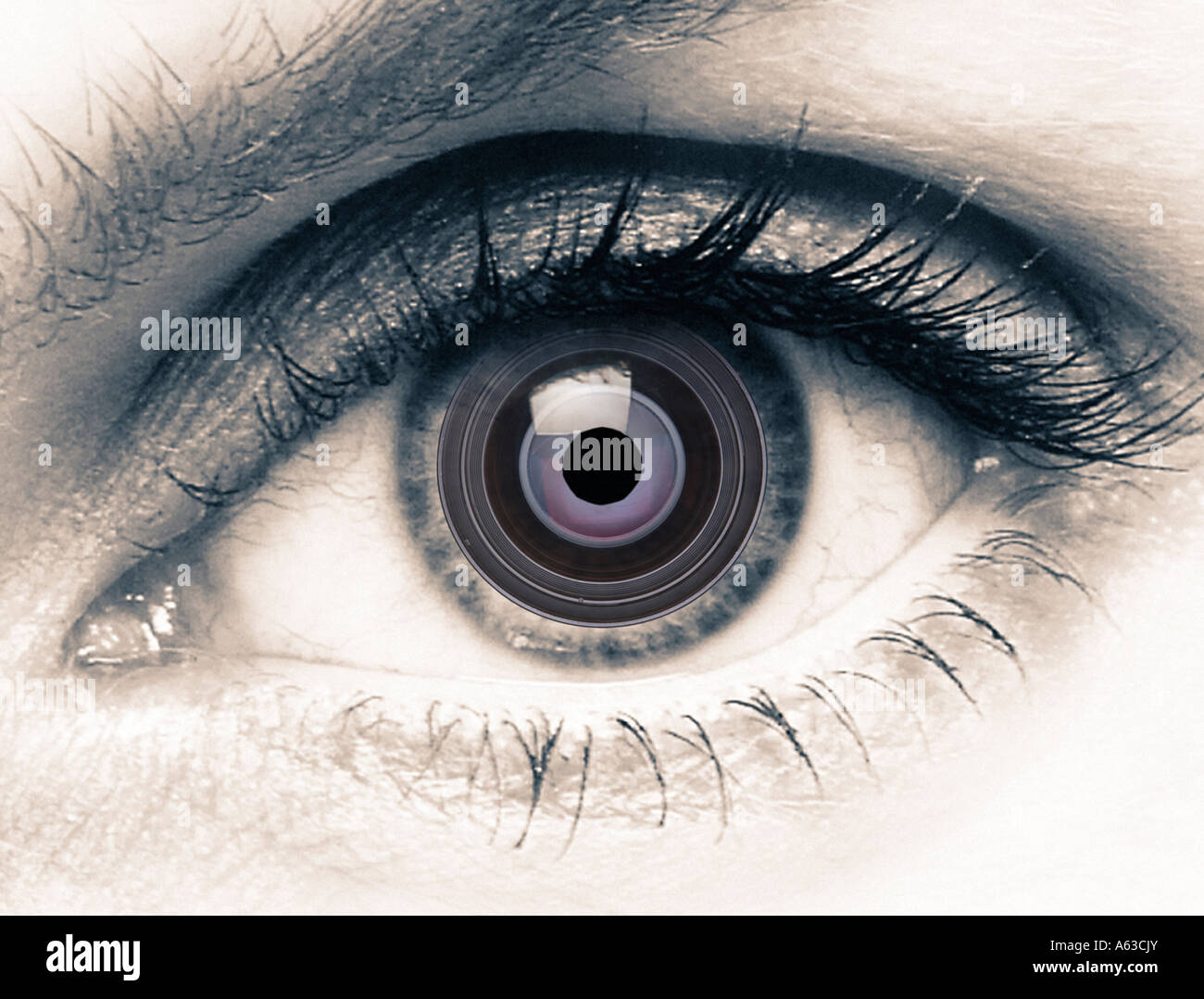 FEMALE EYE CLOSE UP WITH CAMERA LENS IN CENTRE OF PUPIL Stock Photo Alamy