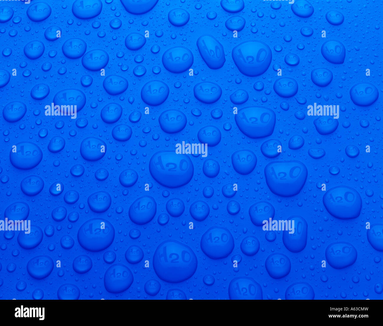 BLUE WATER DROPS ON BLUE BACKGROUND REFLECTING THE CHEMICAL SYMBOL H20 Stock Photo