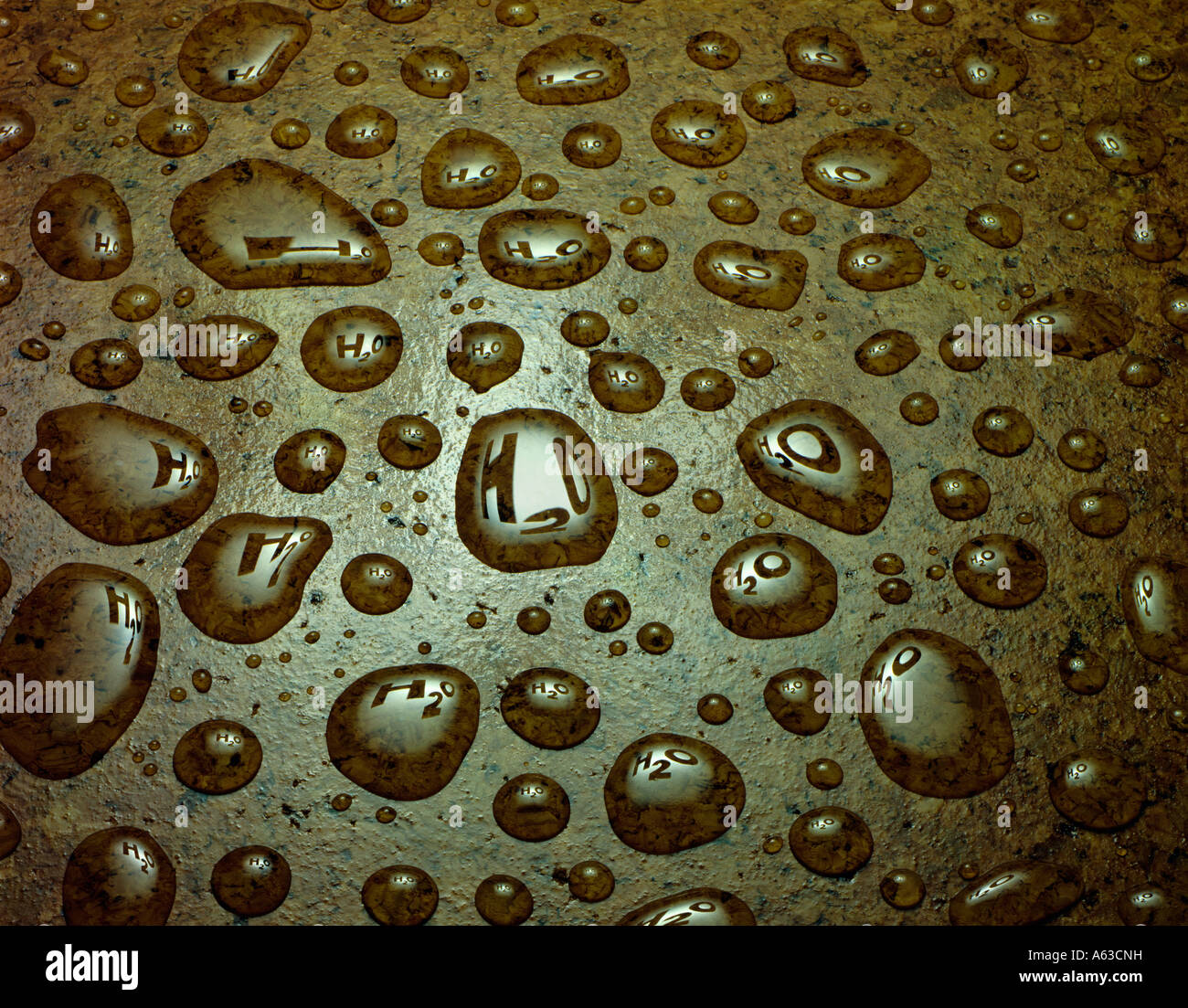 WATER DROPLETS ON BROWN SURFACE REFLECTING CHEMICAL SYMBOL H20 Stock Photo