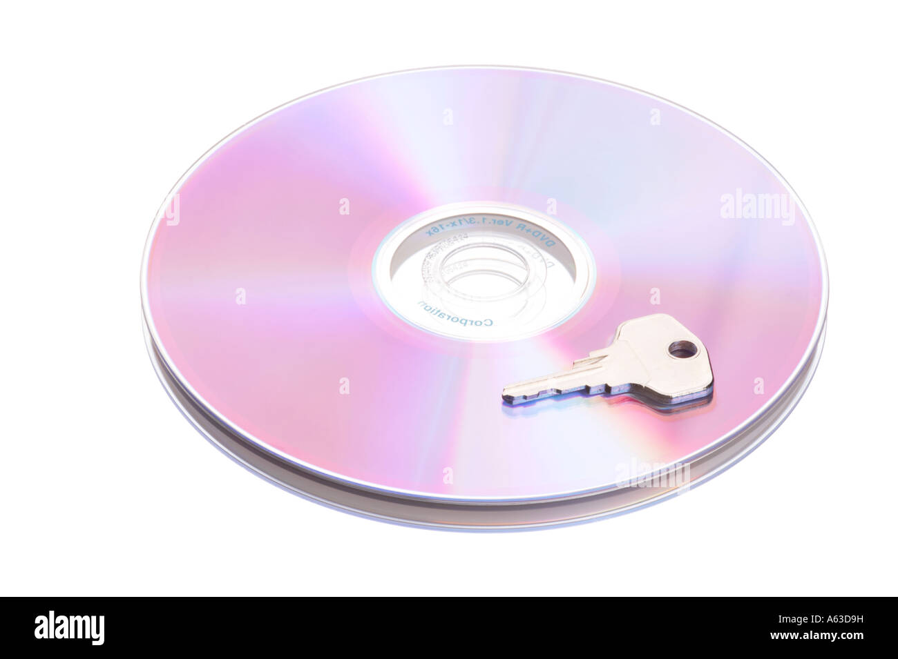 Concept data security, single DVD with key isolated on white baclground Stock Photo