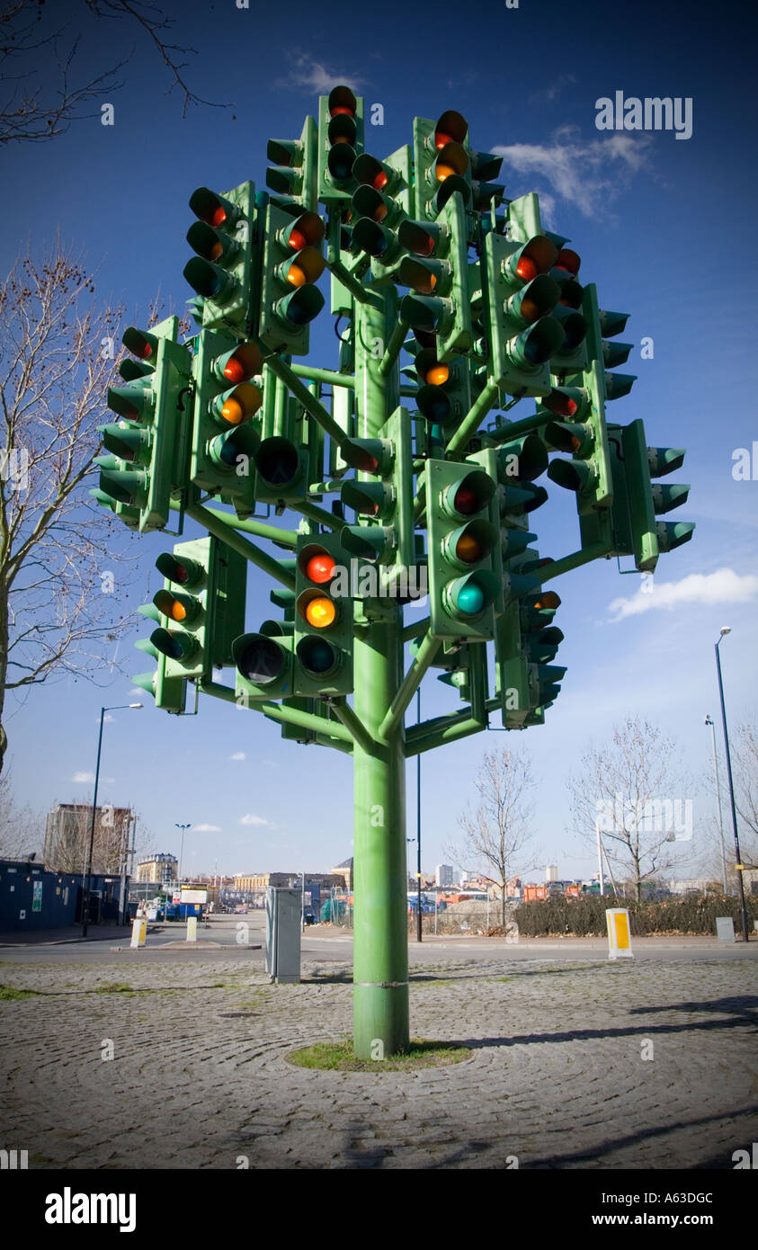 Confusion traffic light art installation Docklands London Stock Photo