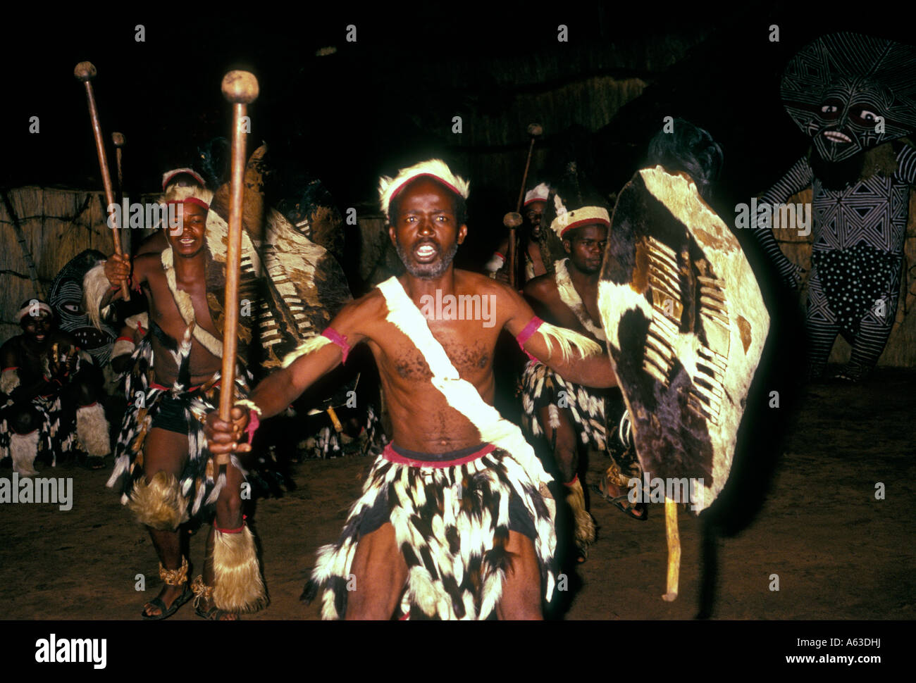 Zimbabwean men, dance, dancer, dancers, dancing, tribal dance, African dance, Victoria Falls Hotel, Matabeleland North Province, Zimbabwe, Afric, Stock Photo