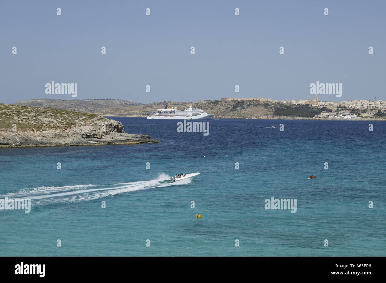 Motorboat in sea, Comino Island, Malta Stock Photo