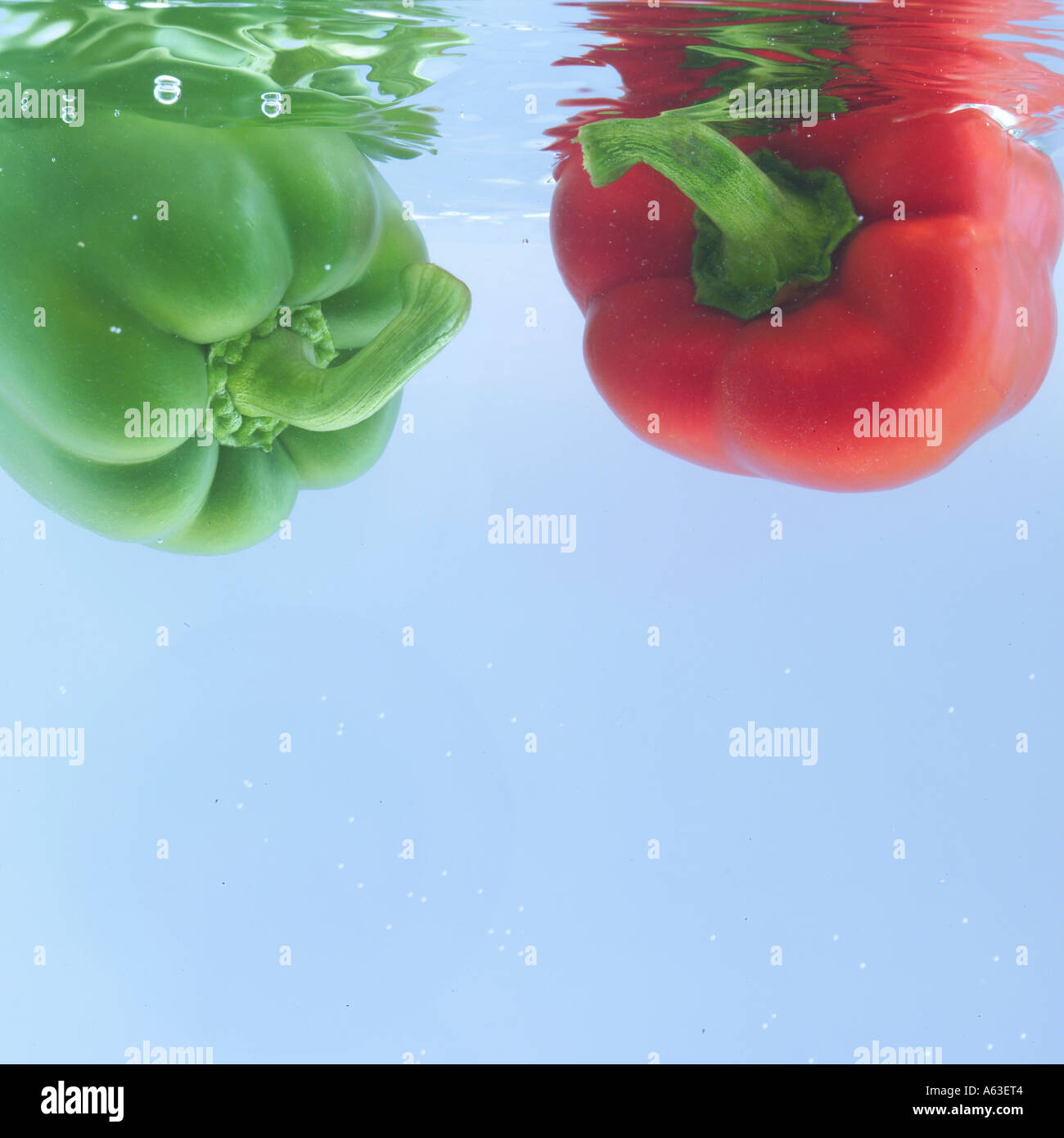 Close-up of red and green bell peppers in water Stock Photo
